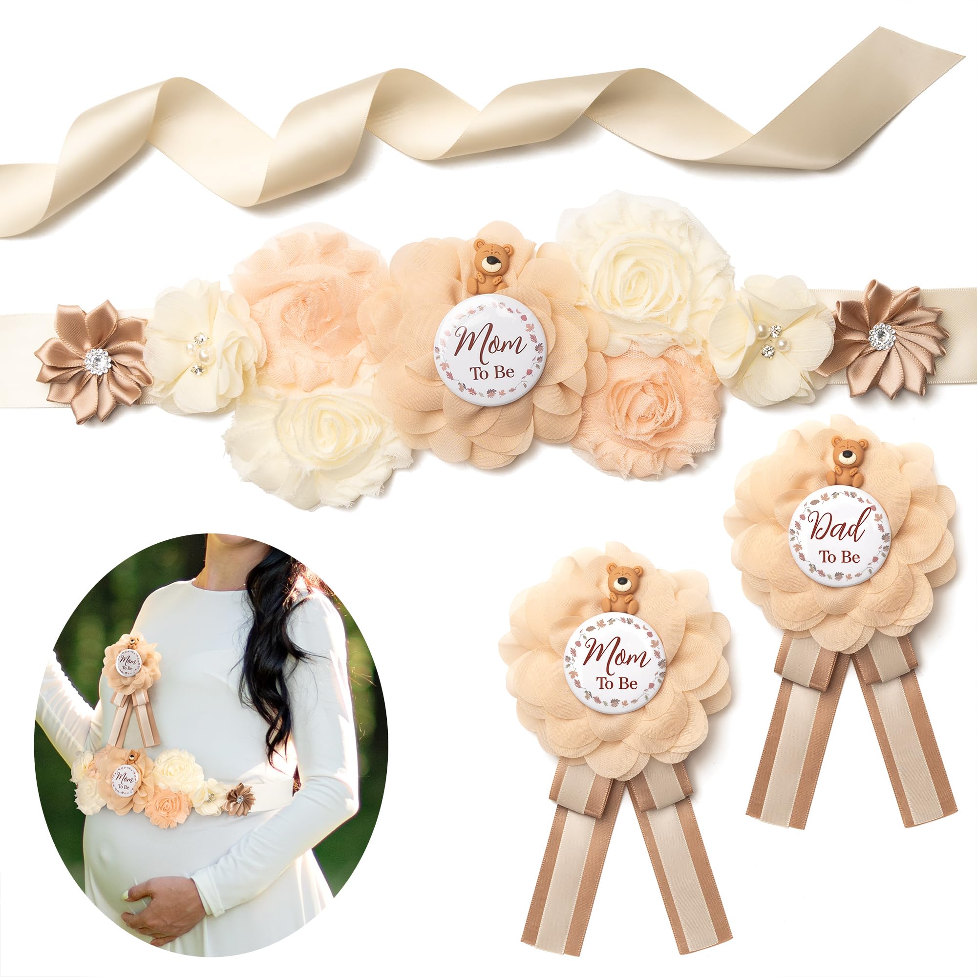 Baby Shower Sash Decorations Mom to Be Corsage Gift Dad to Be Pin 3Pack Set Flower Belt for Maternity Dress - Gender Reveal Pregnancy Photo Props