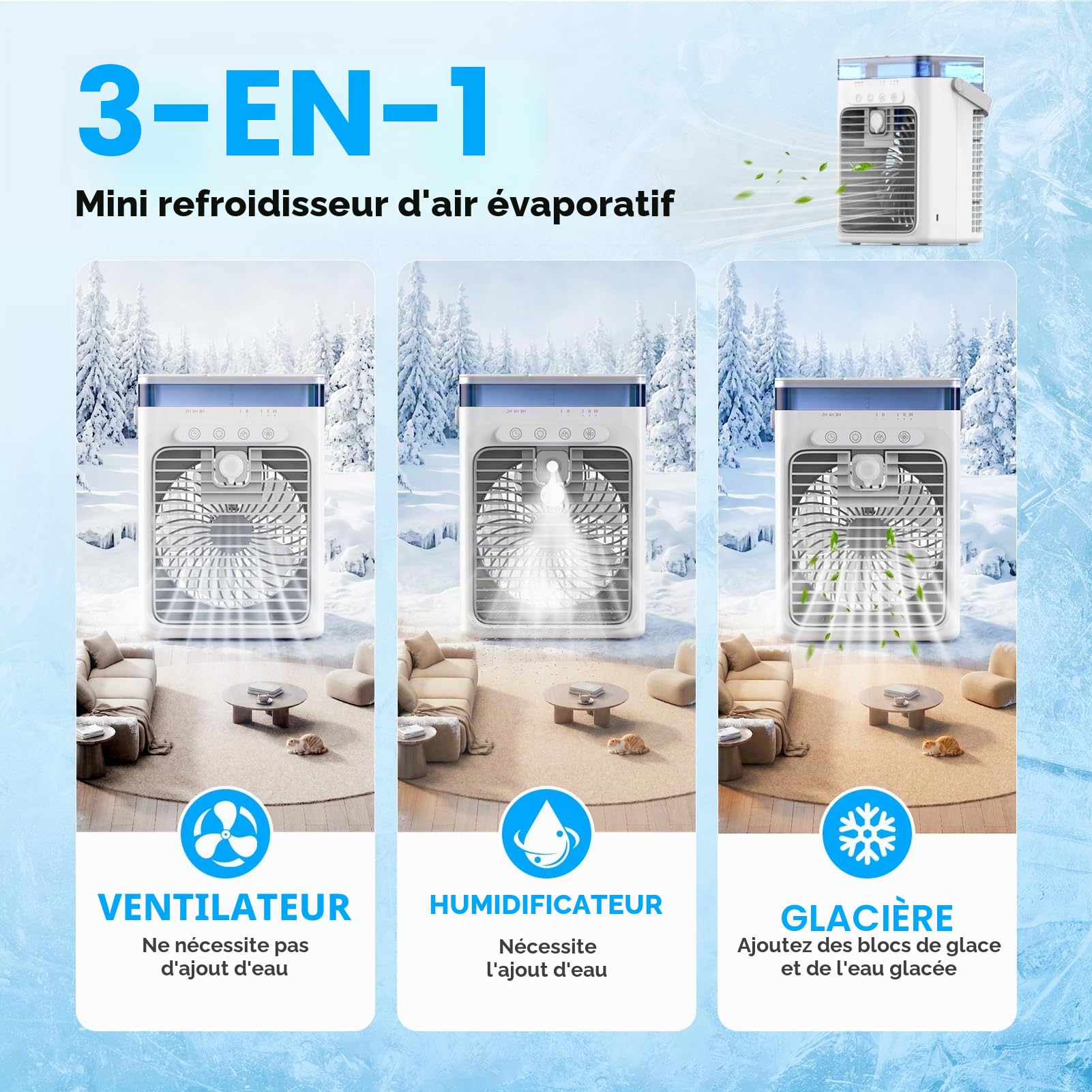 Climatiseur Portable, 3-en-1 Refroidisseur par Évaporation avec 3 Vitesses & 2 Modes Brumisation, 1000ml Mini Climatiseur, Ventilateur USB avec Lumière RGB & Minuterie pour Chambre Bureau Voiture