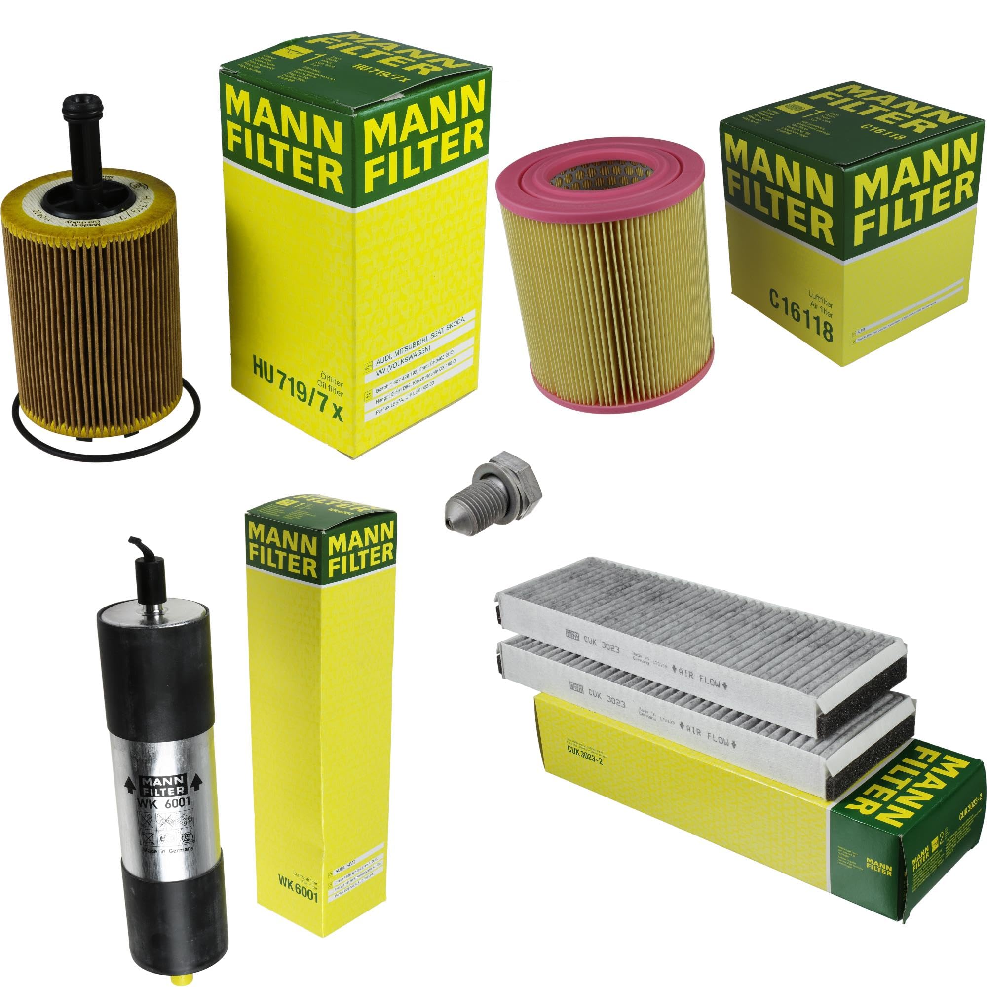 Paquete de inspección Kit de mantenimiento de filtros con filtro de aceite HU 719/7 x, filtro de aire C 16 118, filtro de combustible WK 6001, filtro de habitáculo CUK 3023-2, tornillo de
