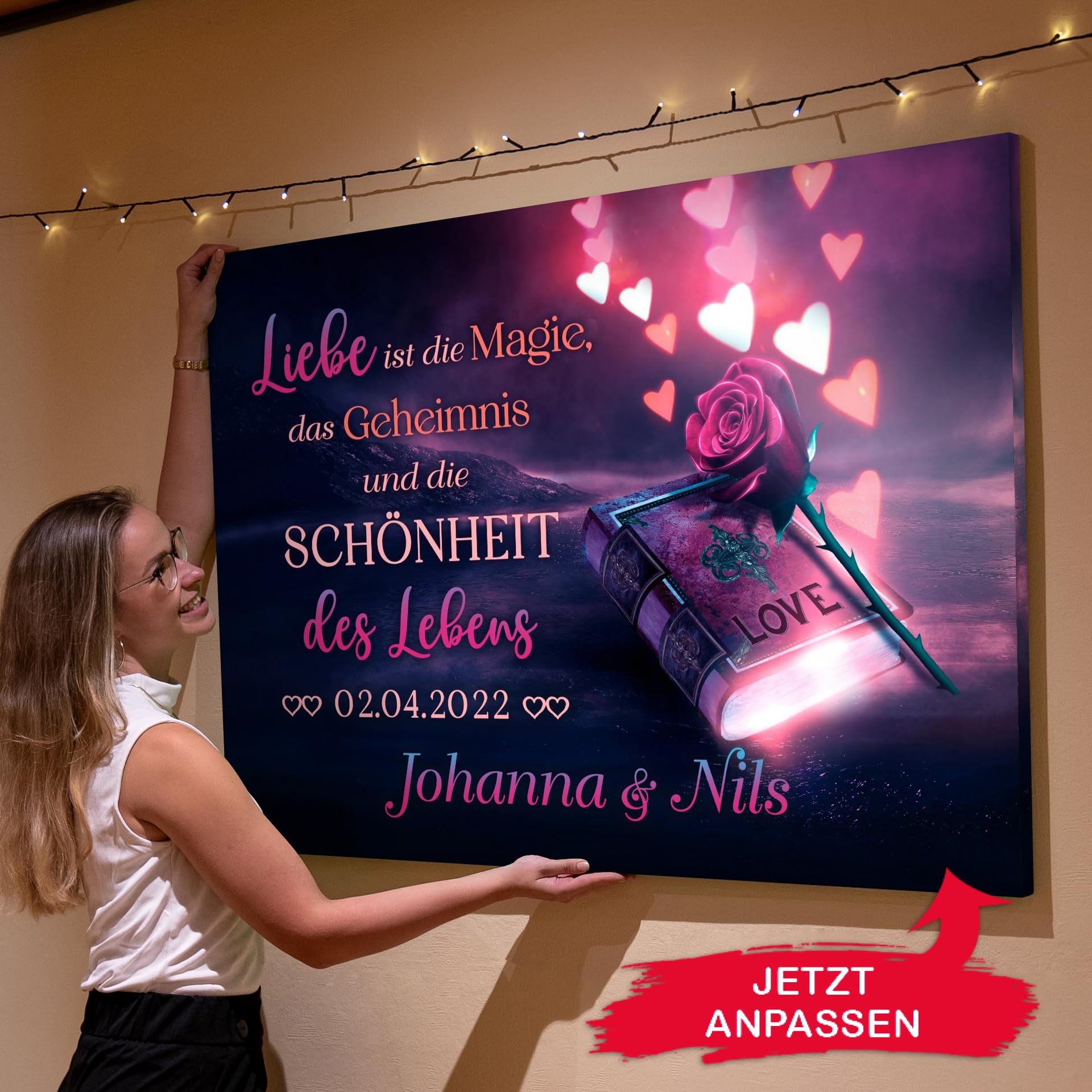 Liebesleinwand Personalisiertes Leinwandbild gestalten | Magie der Liebe | Geschenk zum Jahrestag, Hochzeitstag, Verlobung, Hochzeit | Leinwandbild gestalten mit Namen und Datum