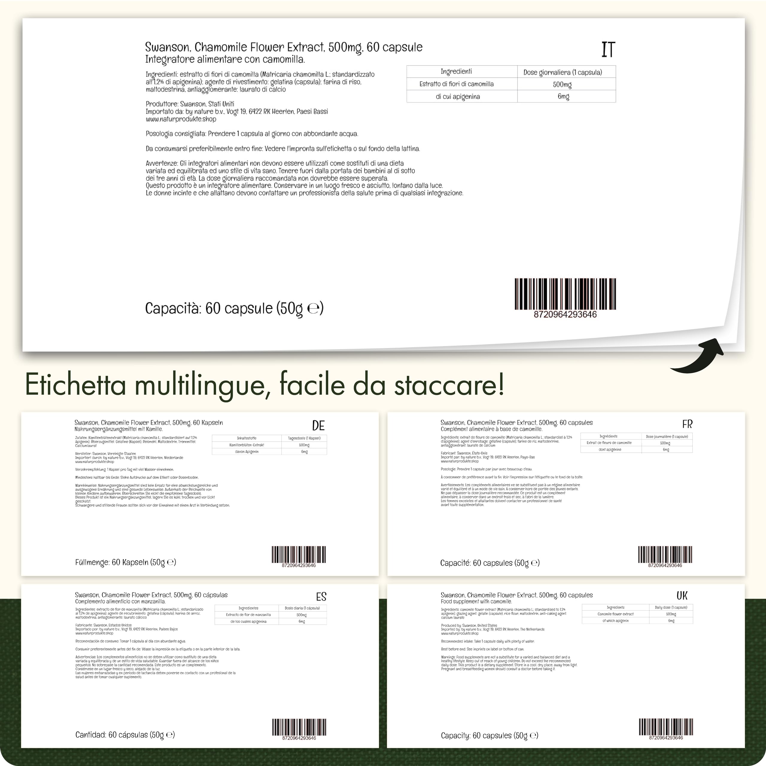 Swanson, Chamomille Flower Extract (Estratto di Fiori di Camomilla), 500 mg, Altamente Dosato, 60 Capsule, Testato in Laboratorio, Senza Soia, Senza Glutine, Non OGM