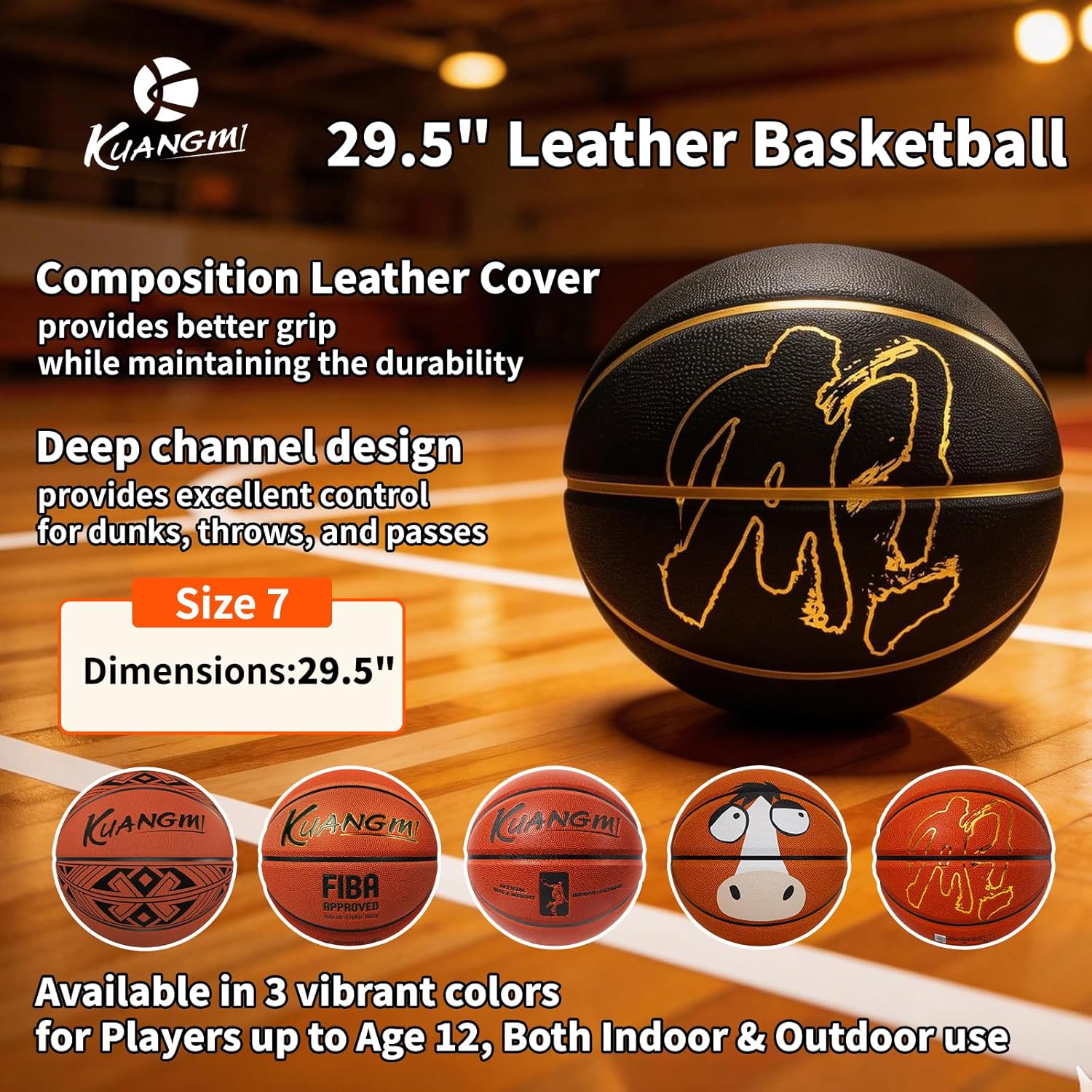 Kuangmi Authentic Series Basketball,Made for Indoor & Outdoor Game Ball Official Size 7/6/5,29.5",28.5",27.5"