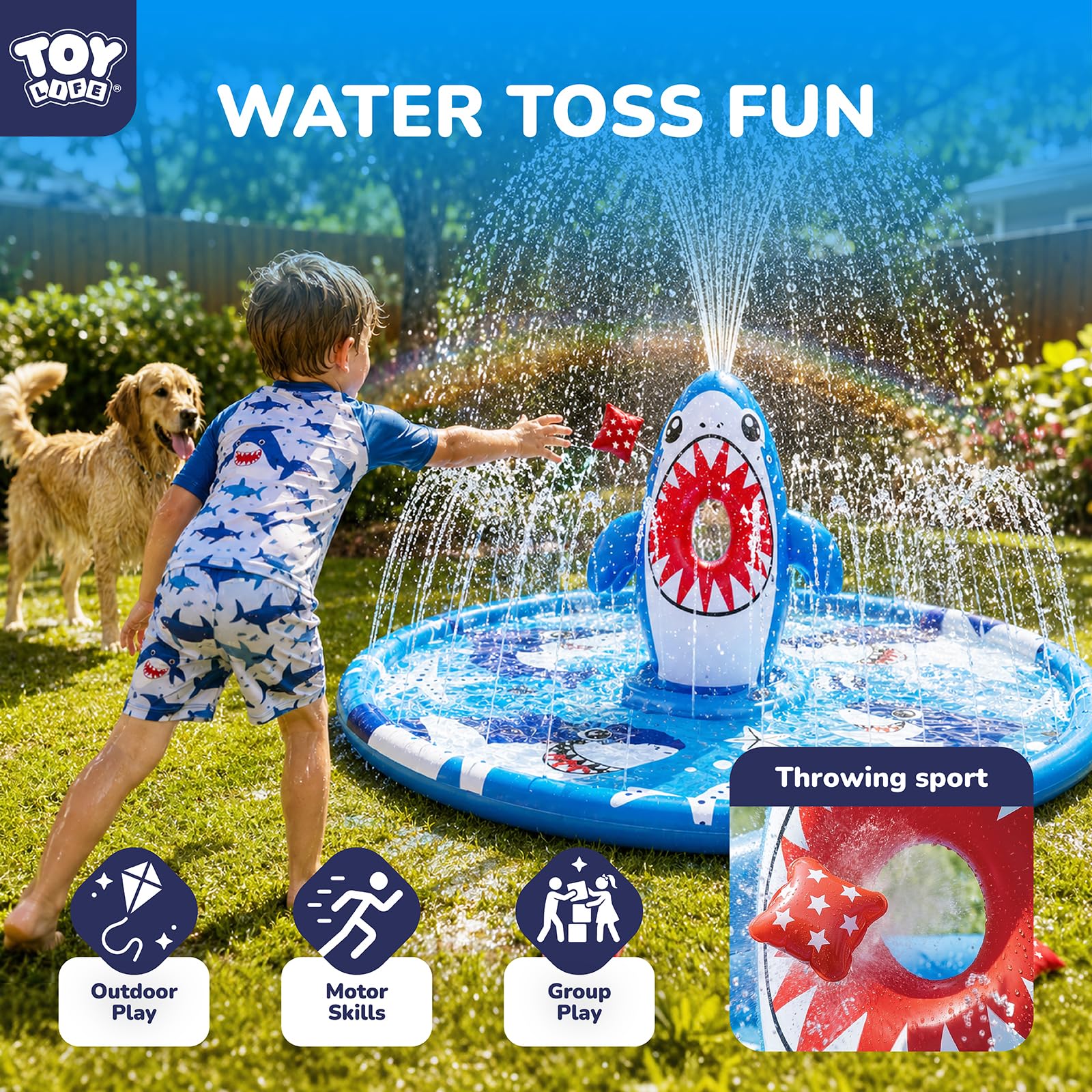 TOY Life Shark Splash Pad per bambini e cani, extra large, 178 cm, piscina con irrigatore all'aperto, per bambini dai 1 ai 3 anni, tappetino da gioco resistente antiscivolo per il divertimento estivo