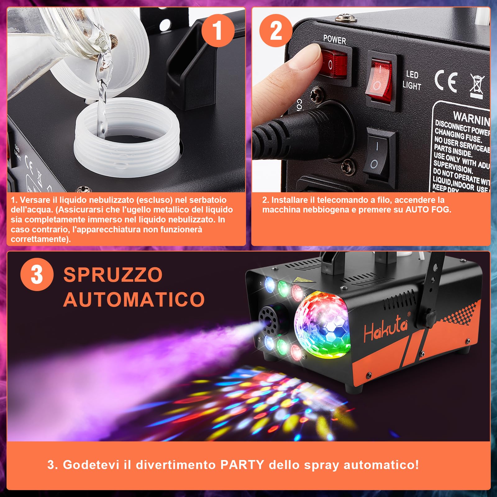 Hakuta, macchina per nebbia, 600 W, con luci a sfera da discoteca e luci LED RGB a LED, 2300 CFM spray con funzione di spruzzo automatica, ideale per feste