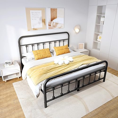 Miniatura 3 de Vengarus Base de cama de metal, marco de cama tamaño Queen con cabecero, estructuralmente estable, listones de acero resistente, almacenamiento