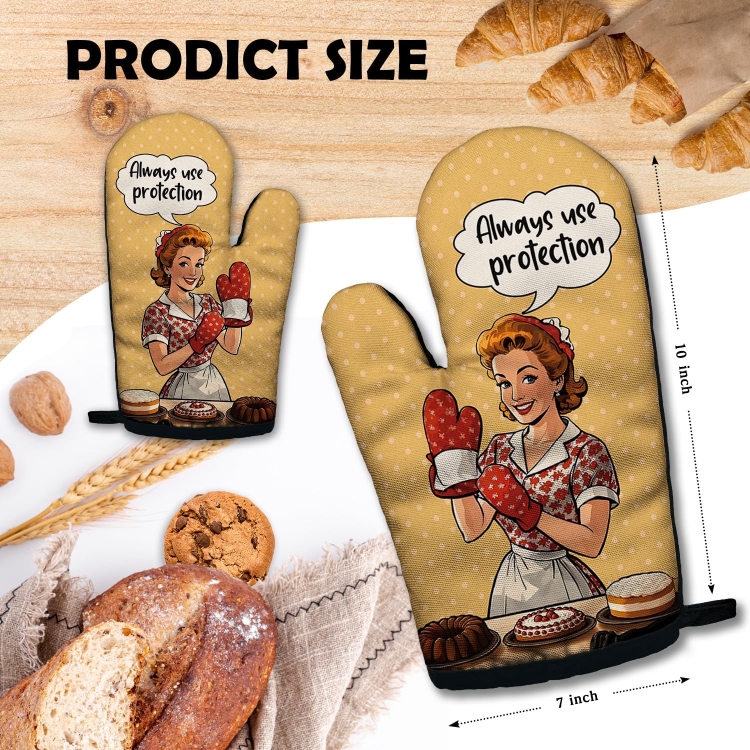 ZHANTUONE Always Use Protection - Juego de 2 guantes de horno resistentes al calor con silicona antideslizante, accesorios de cocina retro para ama de casa, regalos para amantes de los pasteles, mamá