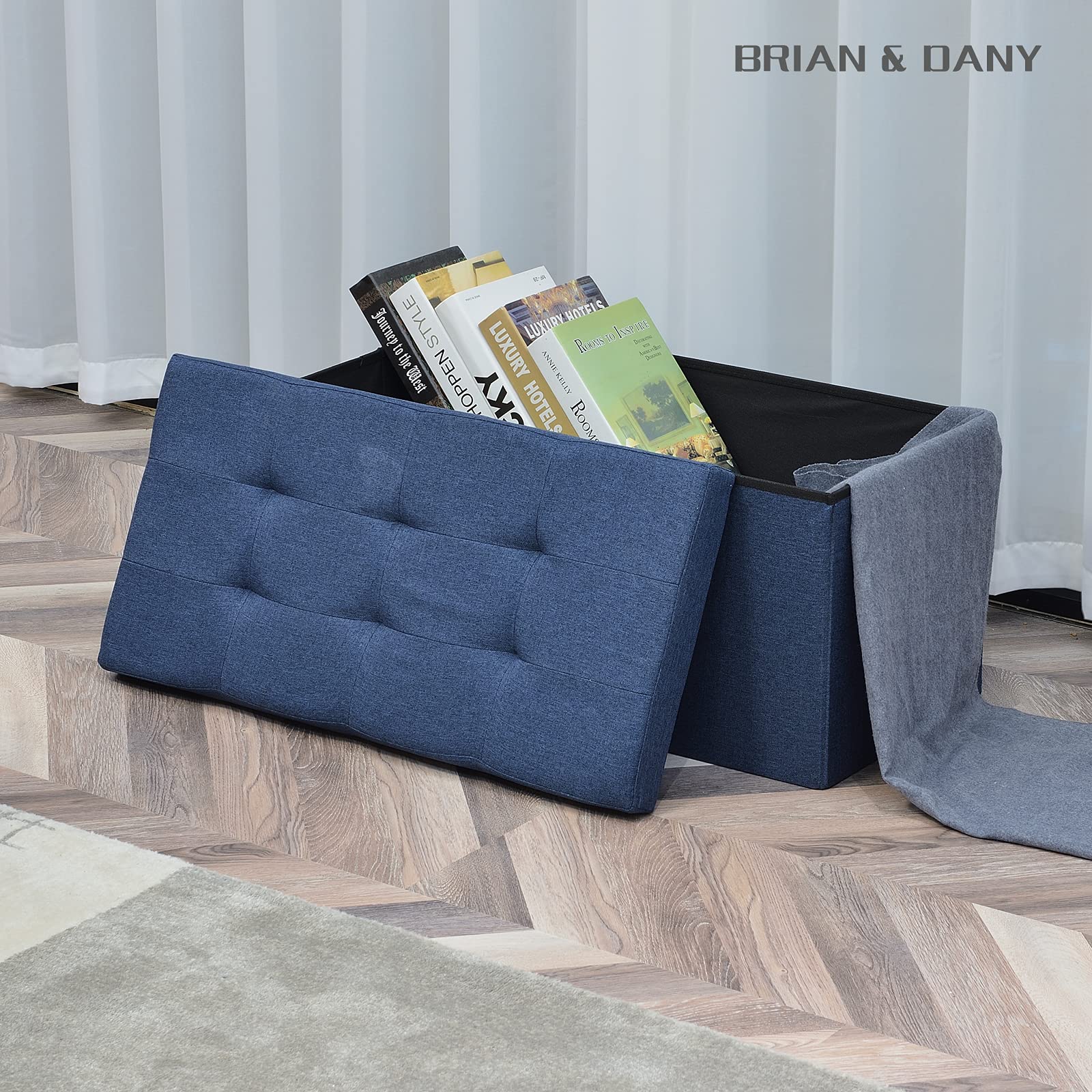 BRIAN & DANY Pouf Puff Pieghevole Stoccaggio Ottomano Poggiapiedi Sgabello Contenitore Cassapanca Pieghevole, Blu Navy - Tessuto Come Lino, 76 x 38 x 38 cm