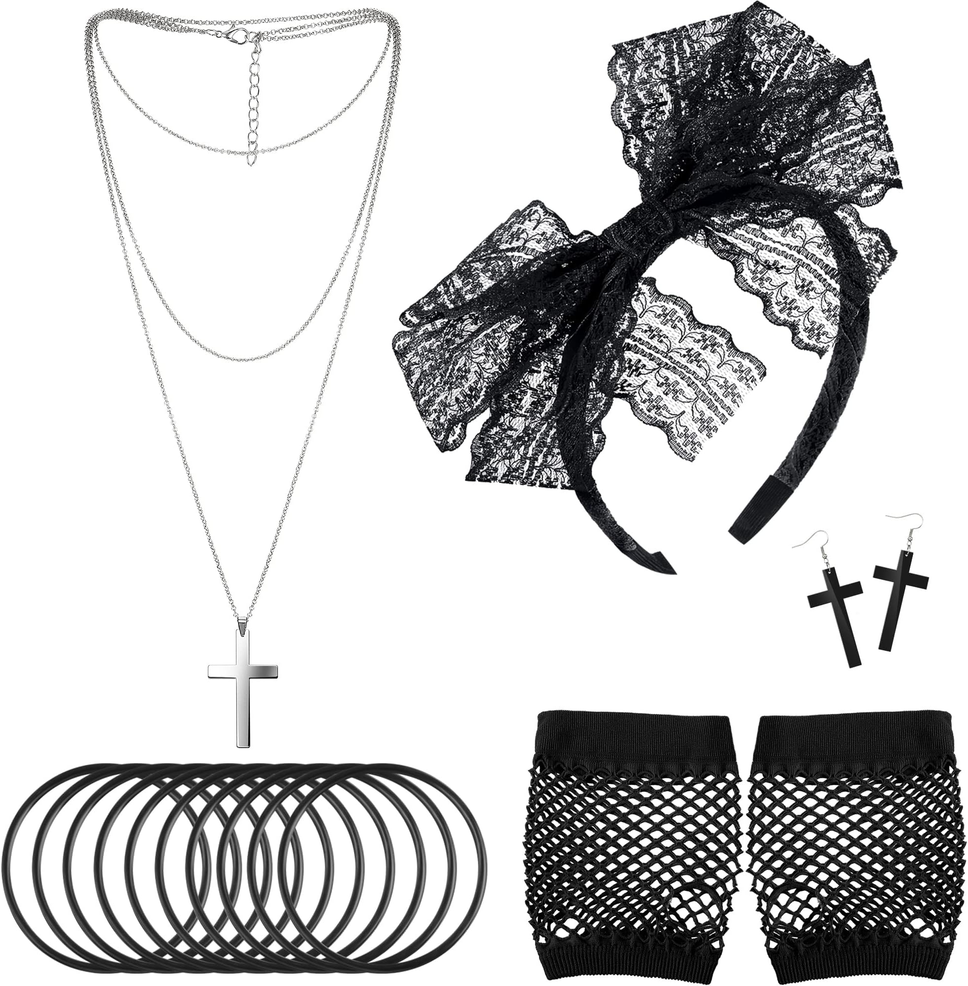 80s Accessories for Women Dress Costume Lace Headband Earrings Fishnet Gloves Necklace Bracelet