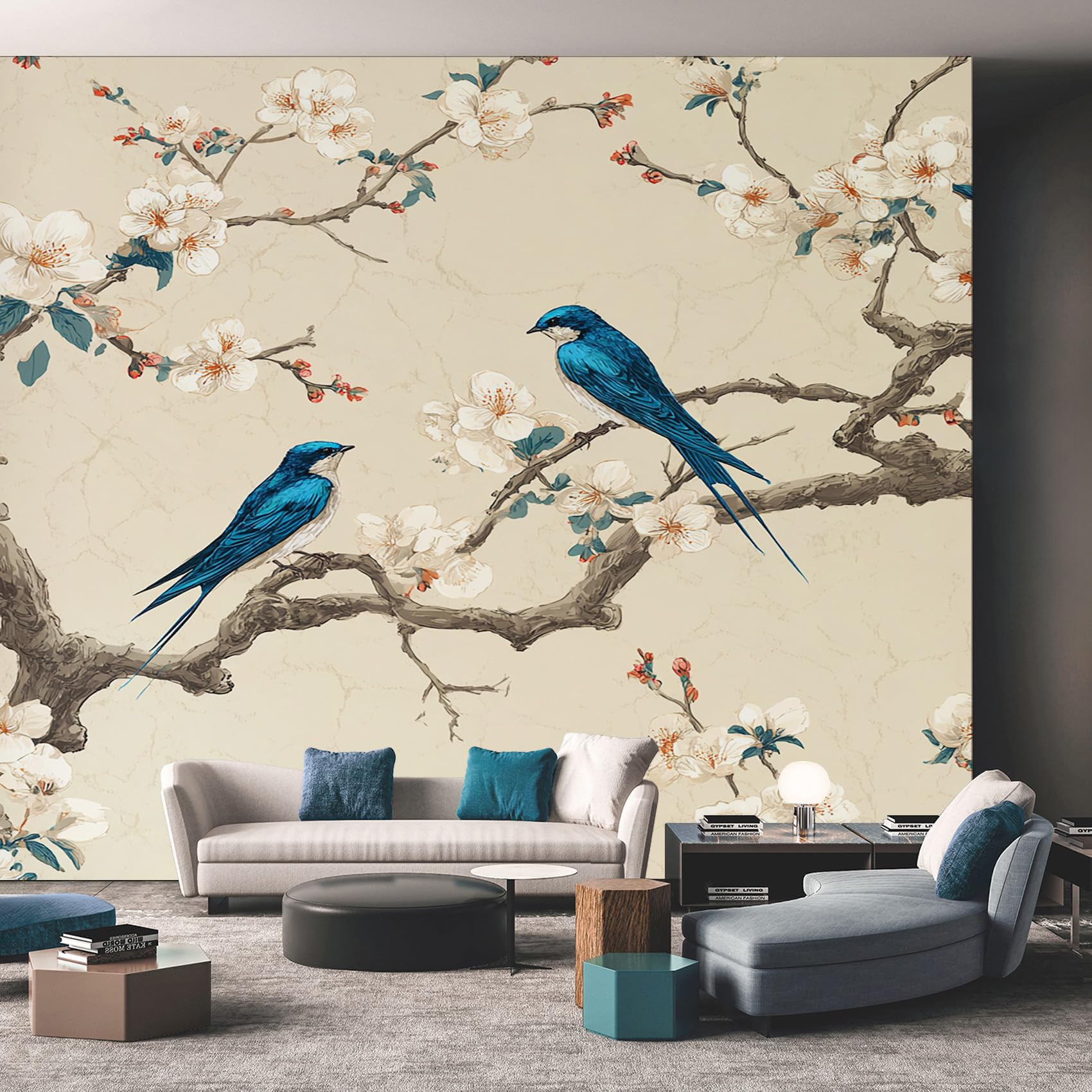 Générique Papier Peint Panoramique Style Japonaise - Papier Peint Branche Oiseaux Floral - Deco Chambre Salon - Fresque Murale - Wallpaper - 400x280 cm A-1799