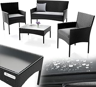 Juskys Ensemble de Meubles en polyrotin Fort Myers 4 Personnes avec canapé 2 Places, 2 chaises, Table et Coussins d'assise mobilier de Jardin r- Couvertures Noires et Gris foncé, Milieu