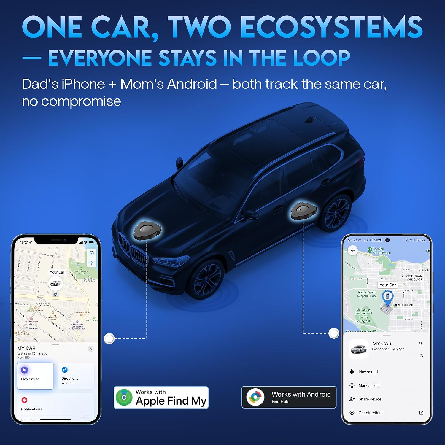 Car Tracker Device No Subscription 2 Pack, Magnetic GPS Tracker for Vehicles No Monthly Fee, Android iOS Dual System Compatible Find My Find Hub, Hidden Bluetooth Locator, AirTag Alternative Android