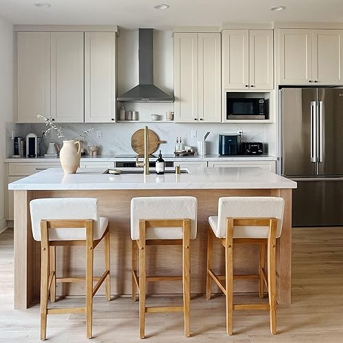 Vista 101 de Nathan James - Gracie - Moderno taburete alto con respaldo, silla alta tapizada con lino texturizado natural y patas de madera cepillada