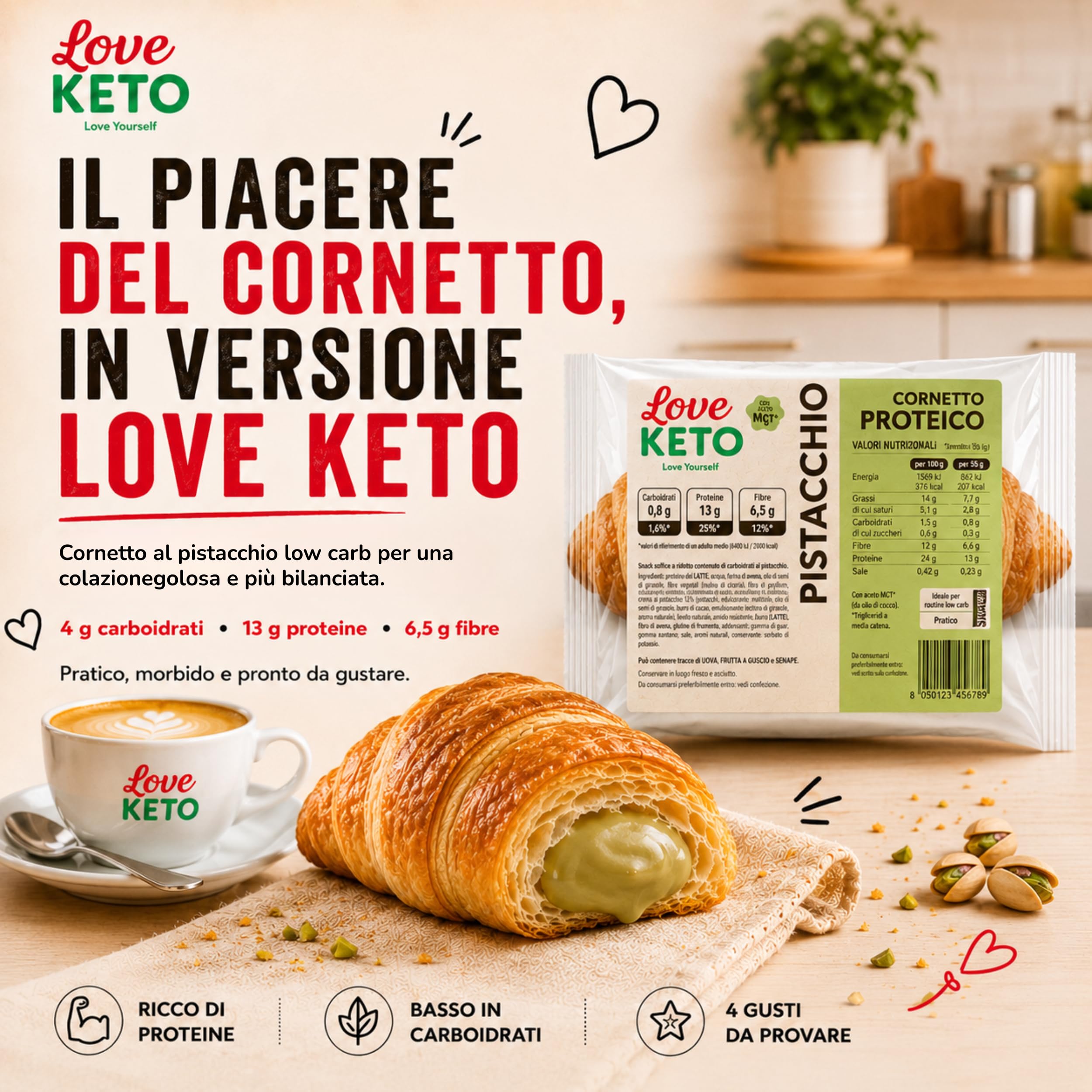 Cornetti proteici low carb ripieni al pistacchio 20 confezioni da 50gr - Made in Italy