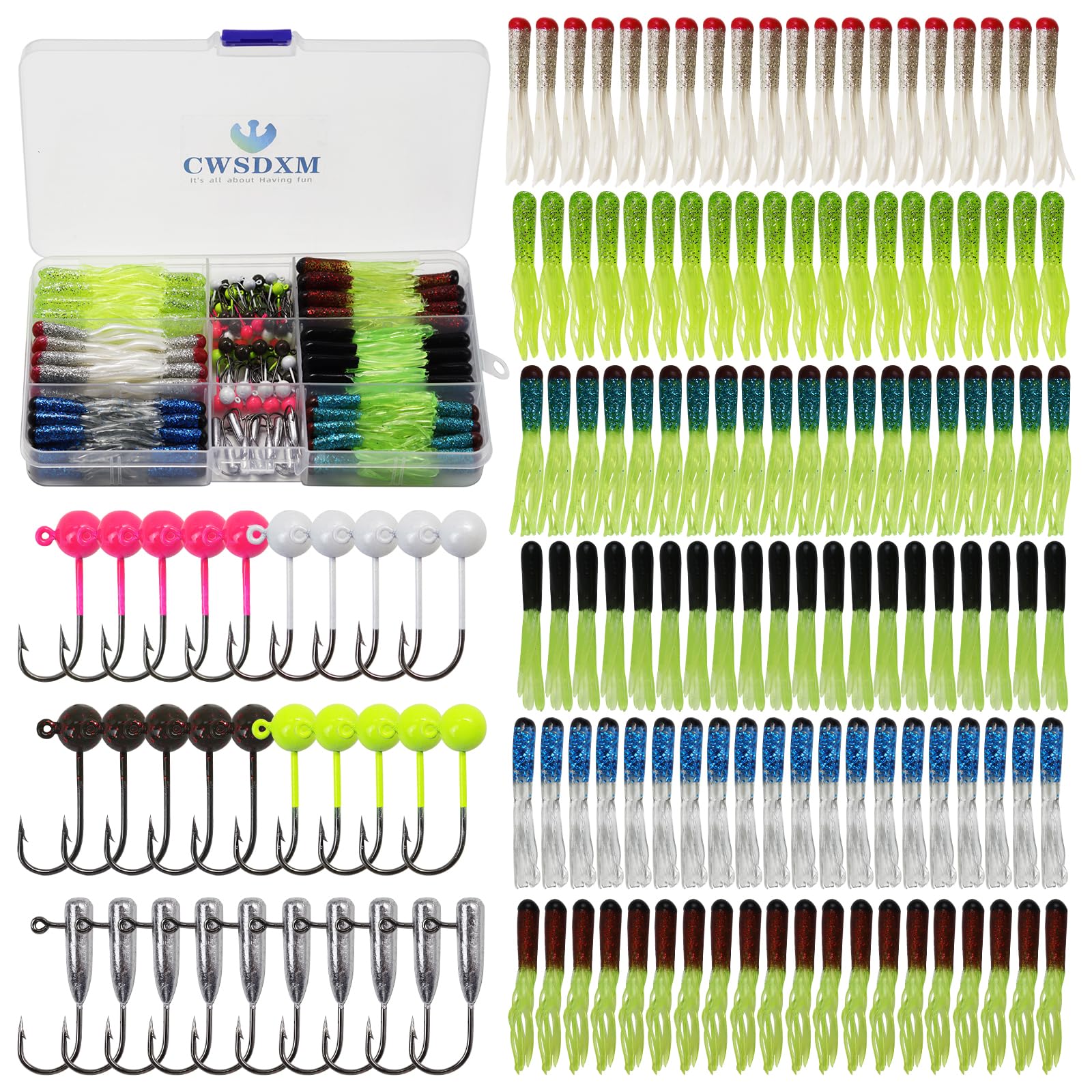 120pcs Fishing Crappie Lures -70pcs Jig Heads Hooks Kit,Small Soft Plastic Grub Lure, Tube Bait Jig Heads for Saltwater Freshwater Fishing