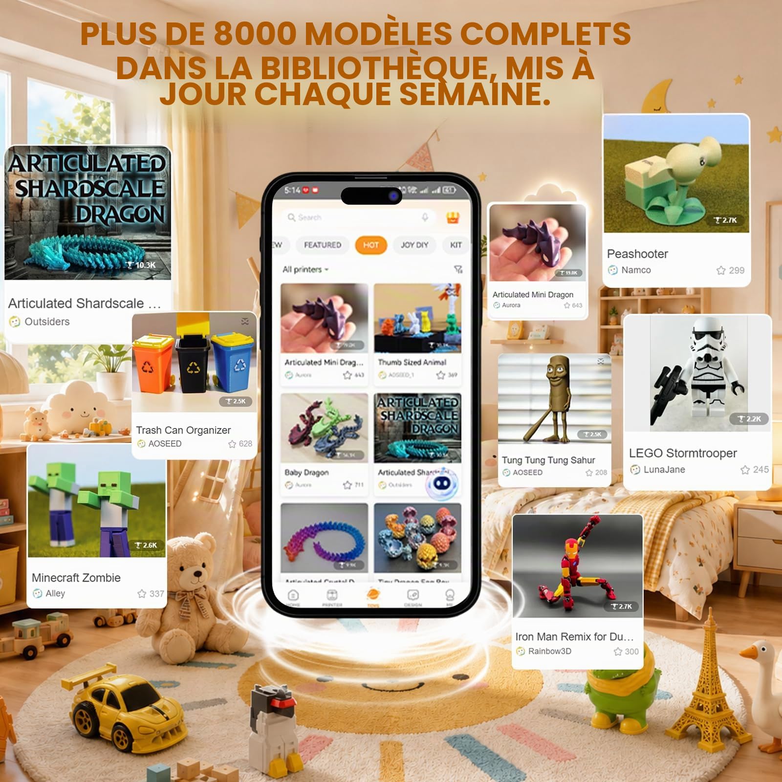 Imprimante 3D Alimentée par IA Domestique Professionnelle,Imprimante 3D avec Ensemble de 8 Filaments PLA, Grande Bibliothèque de Modèles,16+Mini Modules de Conception 3D,Contrôle Via APP,