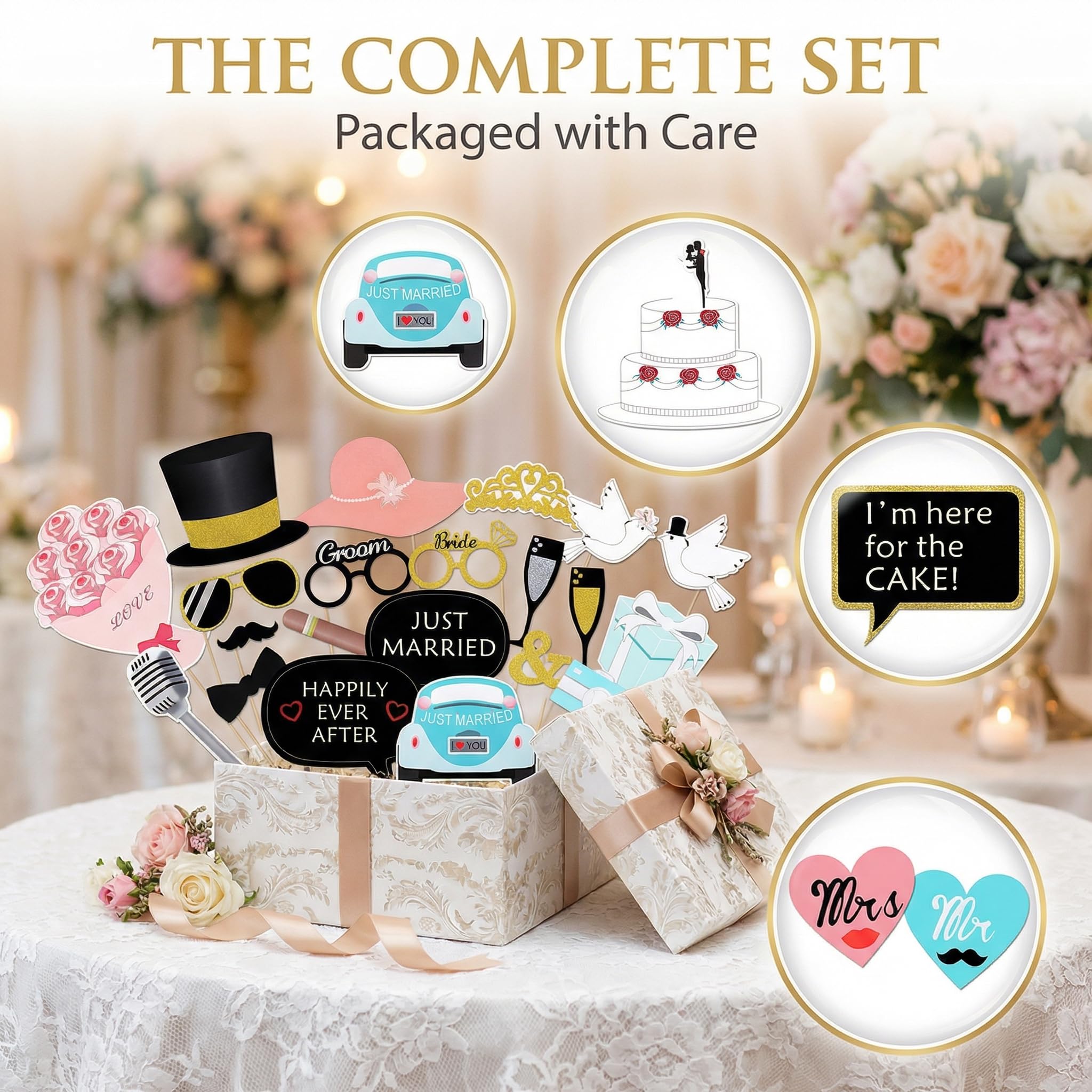 Kotbs Lot de 52 accessoires pour photomaton de mariage, enterrement de vie de jeune fille, fête de fiançailles, Saint-Valentin, accessoires de photomaton