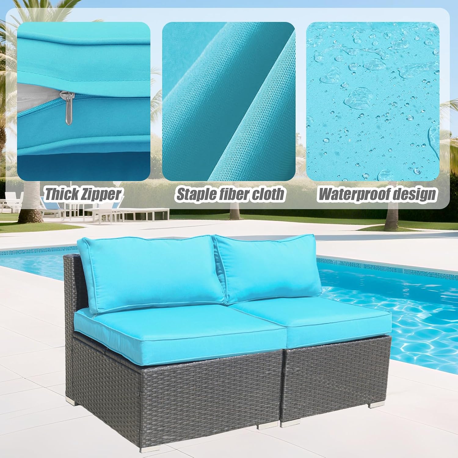4 Piece Patio Cushion Covers Replacement Splashproof Fade Resistant Outdoor Sofa Slipcovers with Zippers for Sectional Furniture Seat & Backrest (Cyan,24.8x24.8x3.54 Inches)