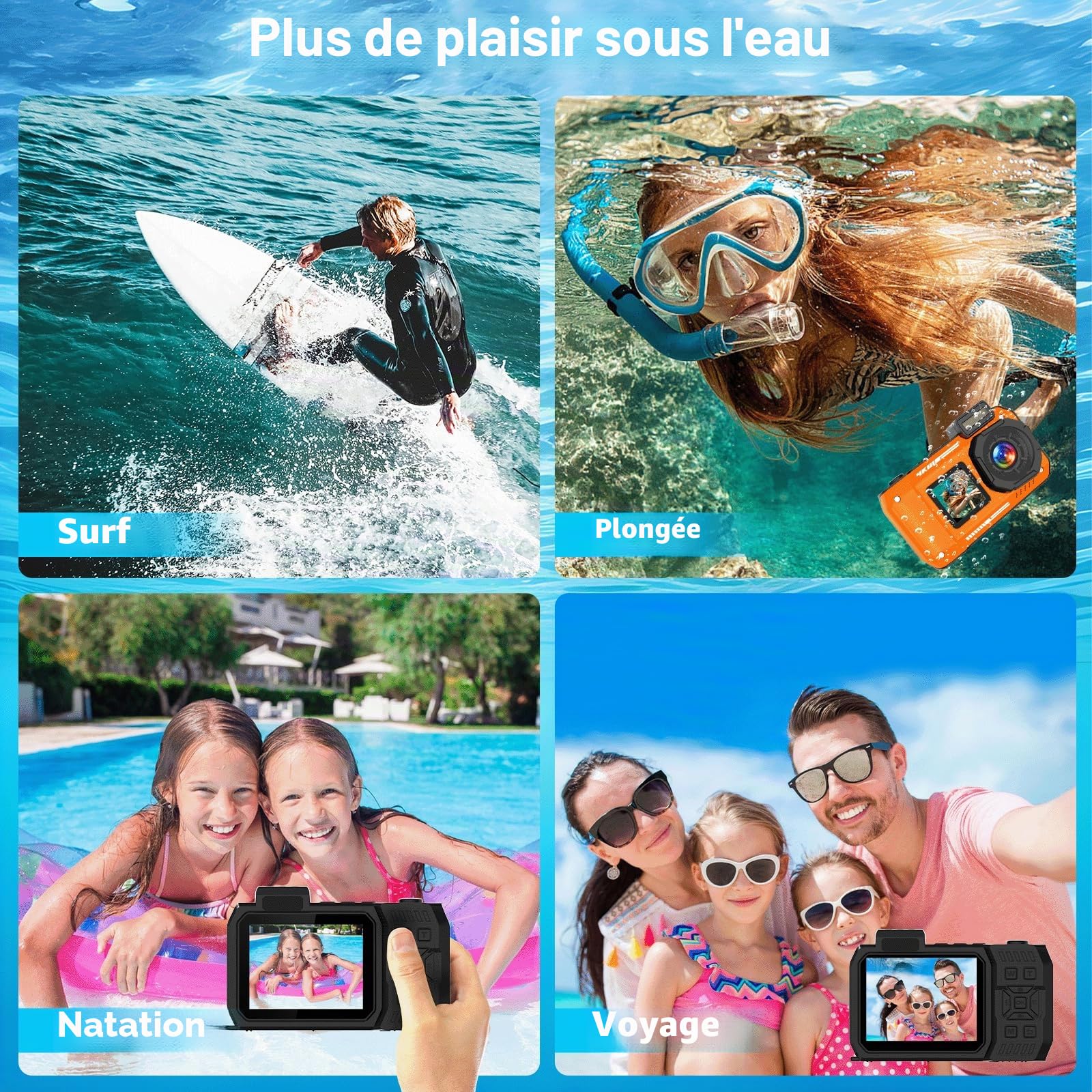 Camera sous-Marine 33FT/10M 4K 48MP Caméra étanche avec Carte 32 Go Double écran Robuste Anti-poussière Antichoc Autofocus Selfie Caméra numérique pour plongée en apnée Sport Voyage (Orange)