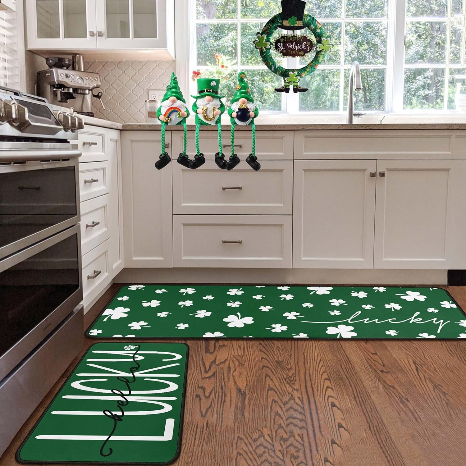 St. Patrick's Day Kitchen Rugs Set of 2, Saint Patricks Day Decorations Non Slip Backing Hello Lucky Clover Green Shamrock Kitchen Mats for Floor Irish Holiday Home Decor 17"X47"+17"X30"