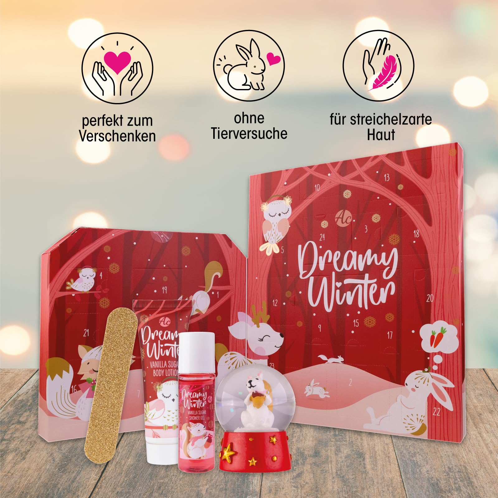 Accentra Kalendarz adwentowy z 24 produktami do pielęgnacji – kalendarz adwentowy Beauty z balsamem do ciała, kulkami kąpielowymi, żelem pod prysznic, szamponem, balsamem do ust, kremem do rąk