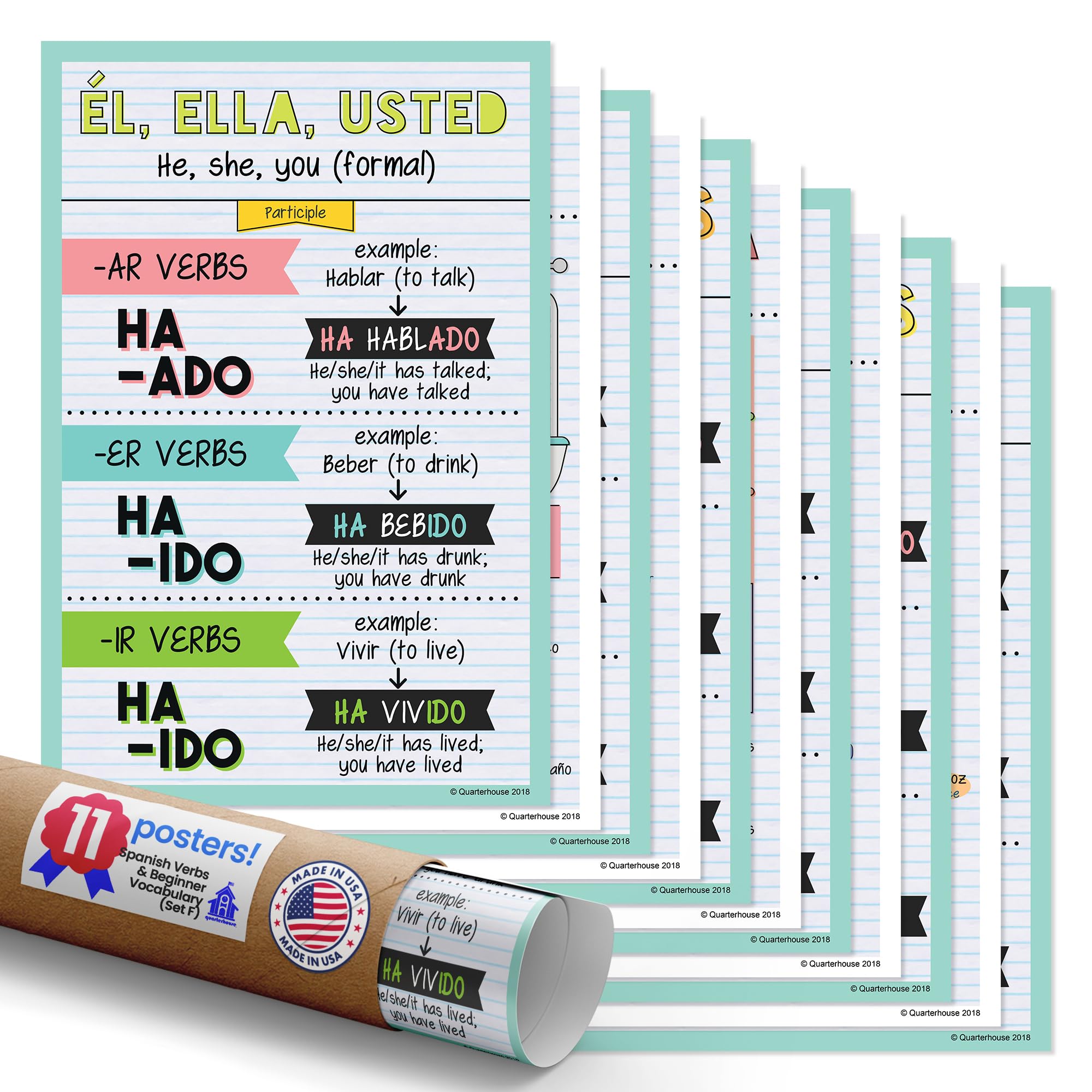 Quarterhouse 11 Poster Spanish Verbs and Beginner Vocabulary (Set F) Set, Spanish Classroom Learning Materials for Pre-K and K-12 Students and Teachers, 12 x 18 Inches, Made in USA