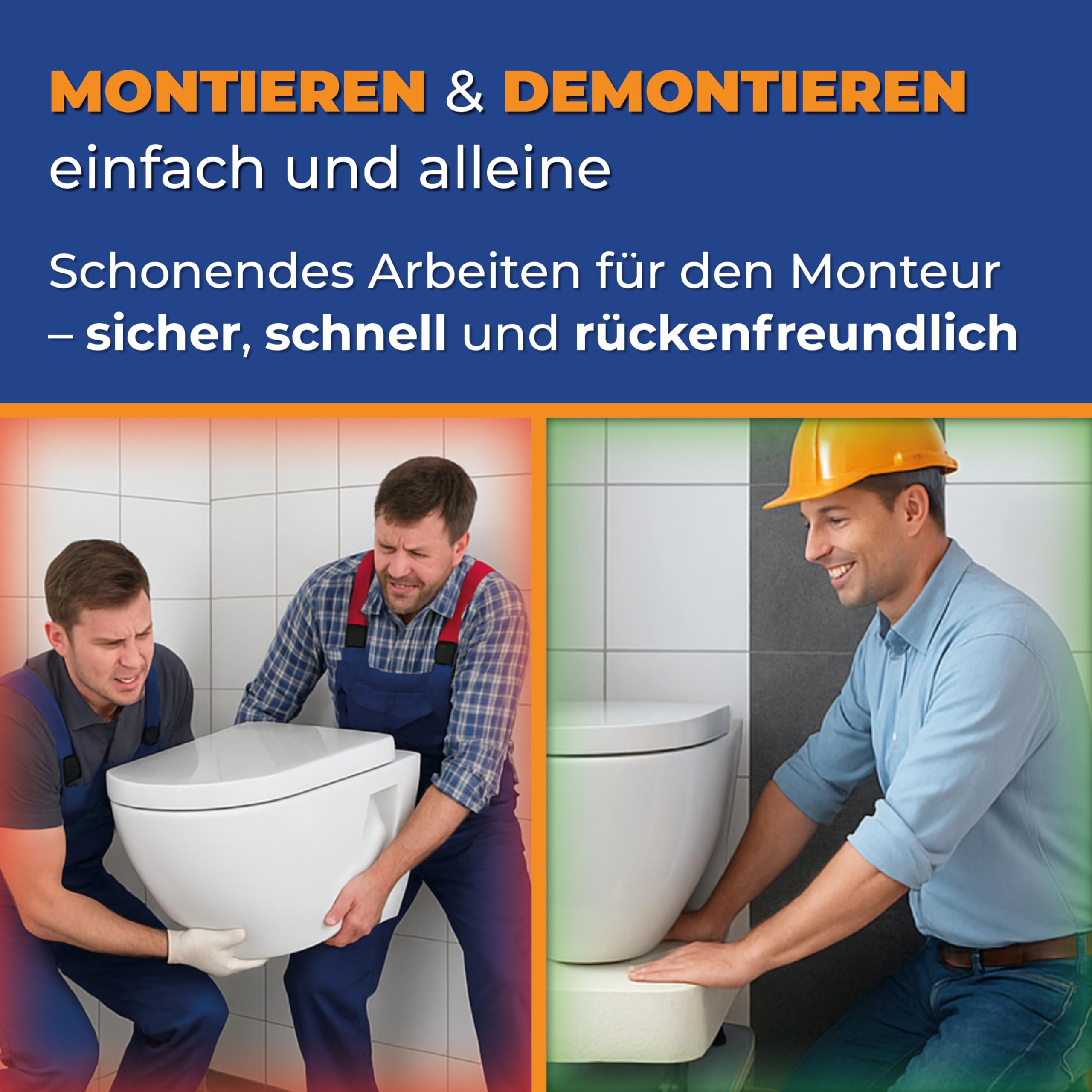 WC-Montagehilfe für wandhängende WCs & BDs – Höhenverstellbares Montage-Rollbrett 125–215 mm, 360° Rollen, bis 60 kg - Entwickelt und Patentiert vom Sanitärprofi