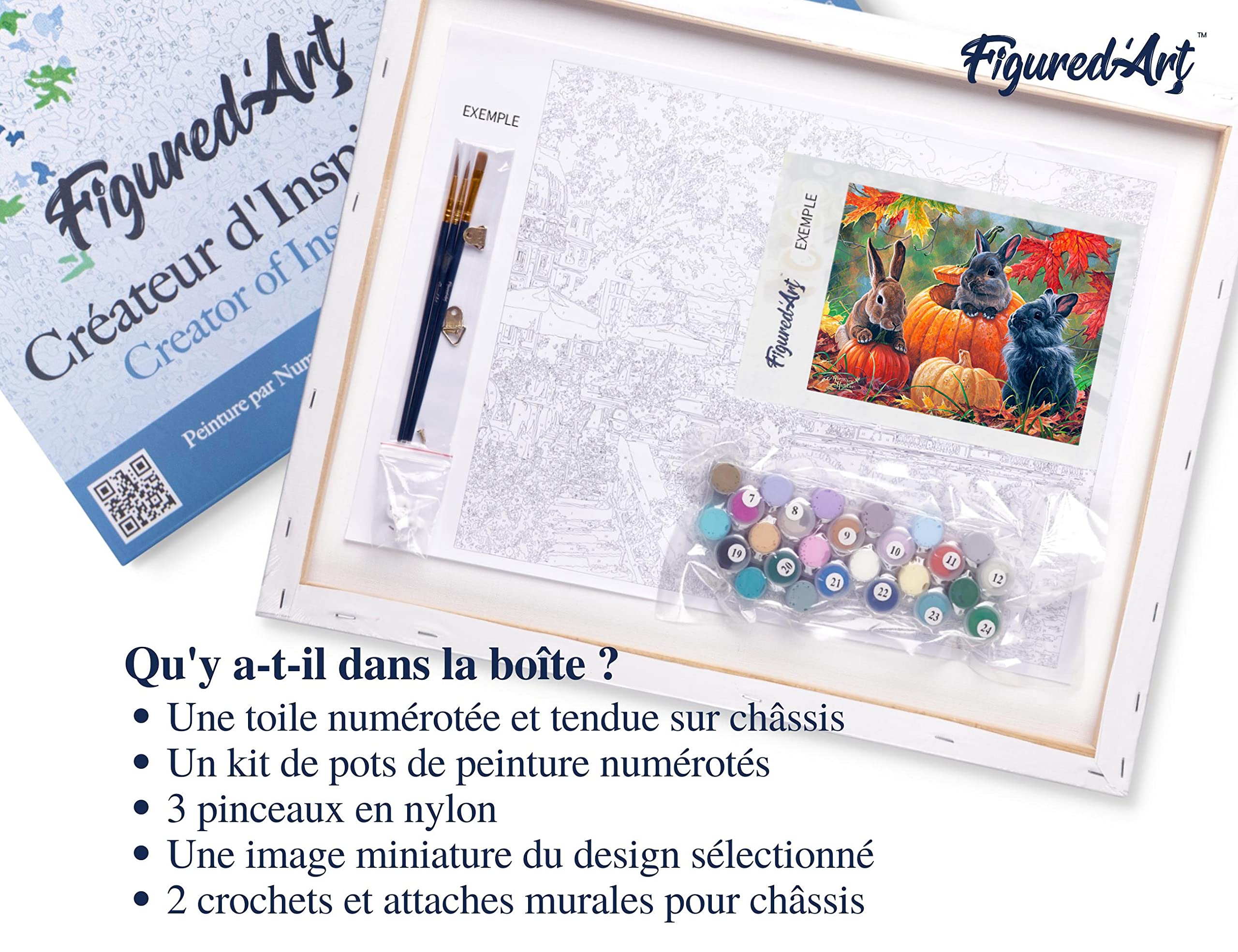 Figured'Art Dipingere con i Numeri con Telaio - Paint by Numbers Trio di conigli, Passatempo per Adulti, Kit Completo, Hobby Creativi - Quadri fai da te 40x50cm Tela Già Incorniciata