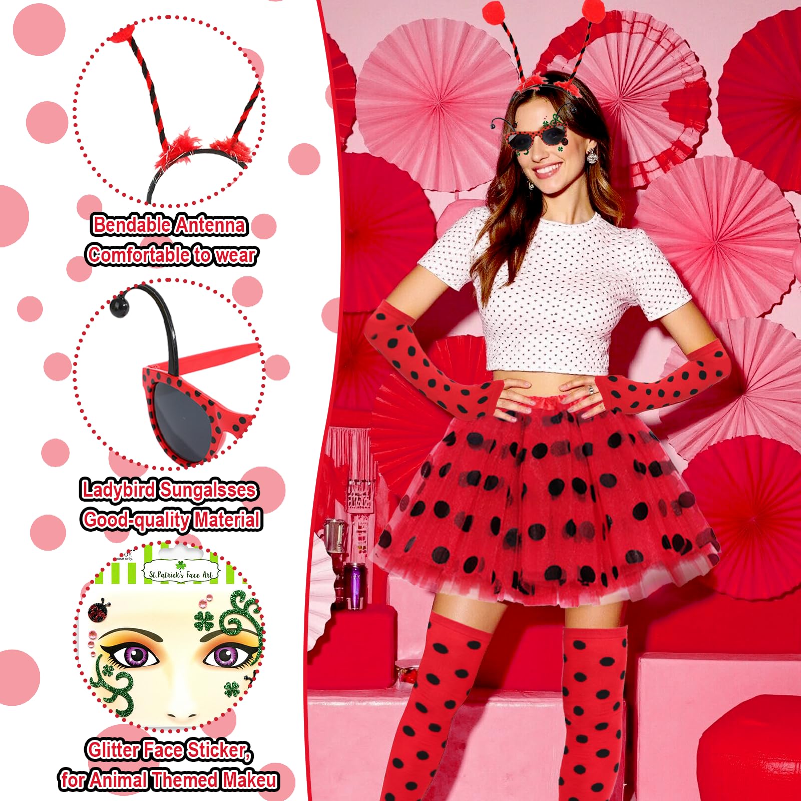 Xerteam Lady Bug Costume Girls Adult, Ladybird Costume Accessories Set, Red Tutu (40cm/15.75in) Bug Sunglasses Headband Leg Warmers Fingerless Gloves Face Stickers, Animal Fancy Dress for Age 6+ - Image 3