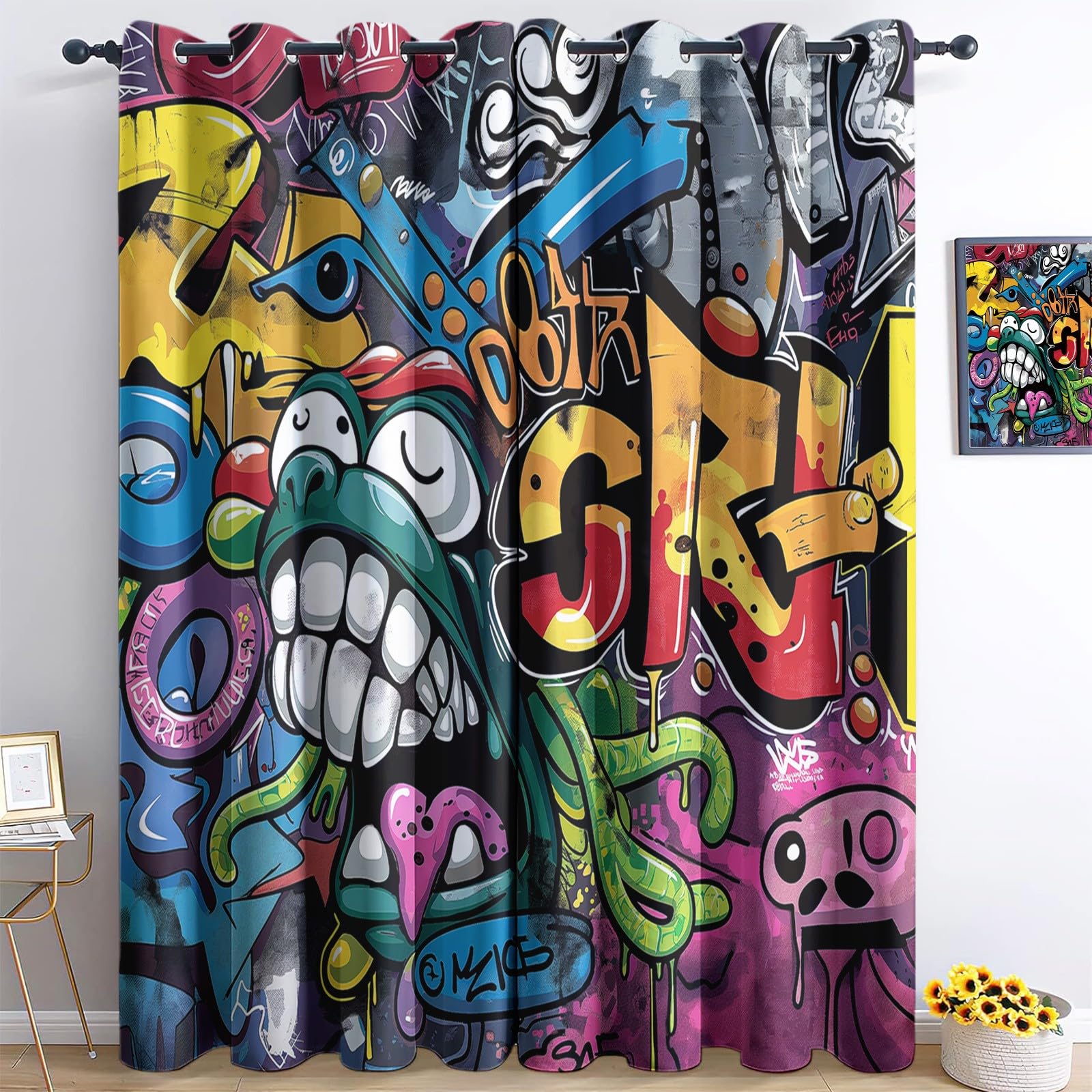 Rideau occultant graffiti isolant thermique pour chambre enfant de 140x175 cm