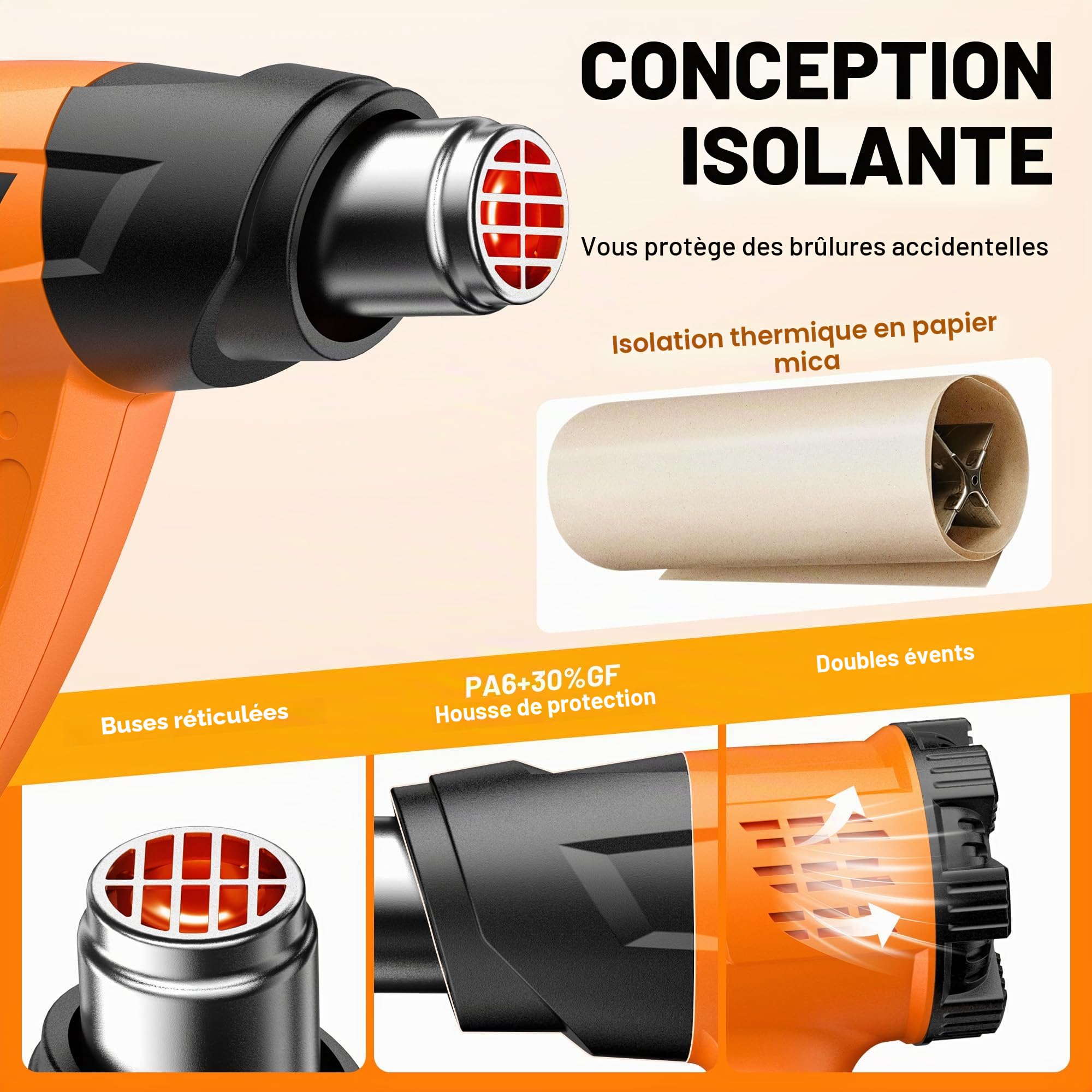 Décapeur Thermique Professionnel 2000W, SEEKONE Pistolet à Air Chaud 60-600℃ Température Réglable, 2 Débit d'air, Protection de Surcharge, Noyau Chauffant Céramique, Poignée Anneau, 7 Accessoires