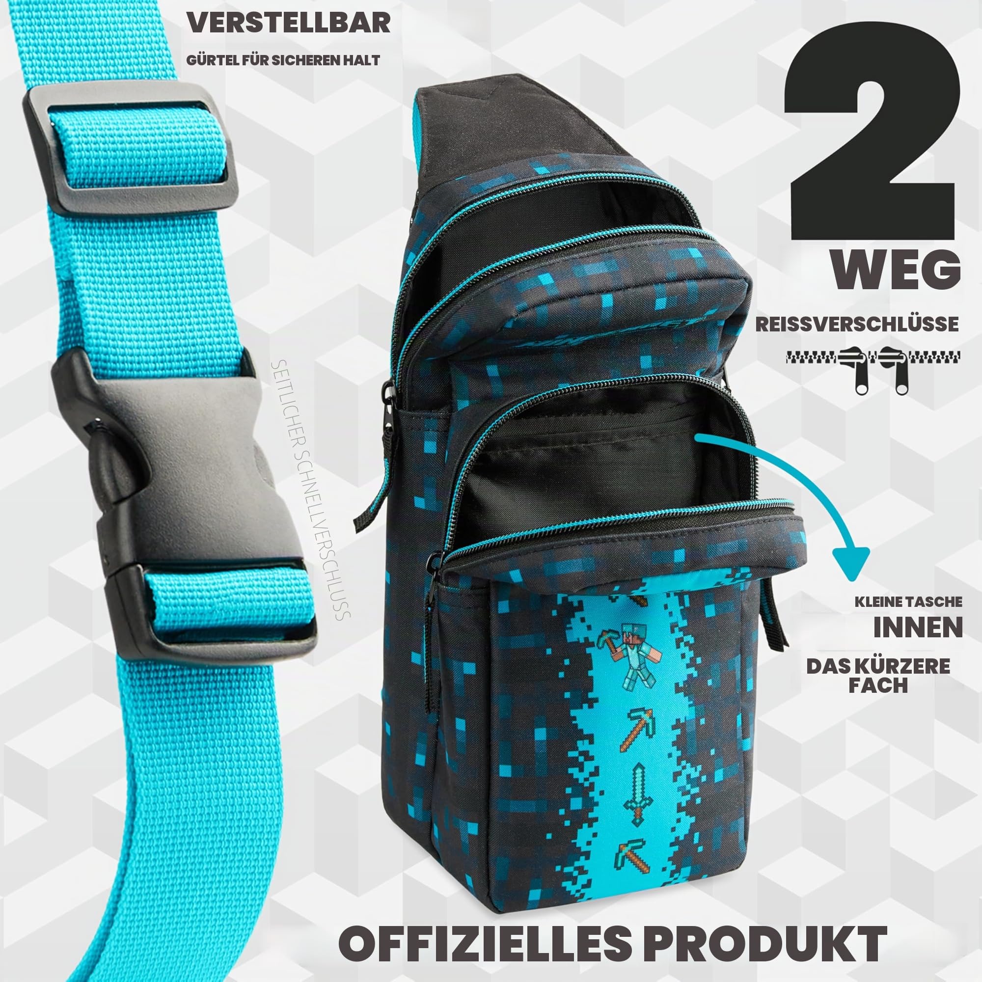 Minecraft Sling Bag Kinder, Brusttasche Umhängetasche mit Reißverschluss & Verstellbarem Gurt Geschenke für Jungs