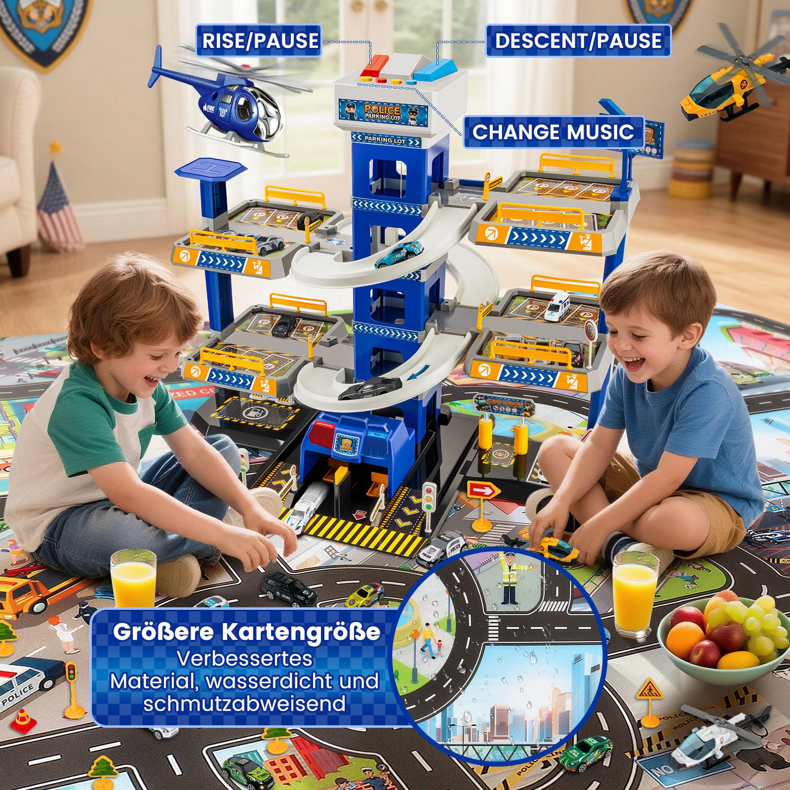 BuzzoXerex 5-stöckige Parkgarage für Kinder, Rennbahn mit 14 Spielzeugautos & 3 Hubschraubern, Parkhaus mit Aufzug, Autorennbahn & Licht‑Sound, Geschenk für Kinder 5–9 Jahre (Polizei)