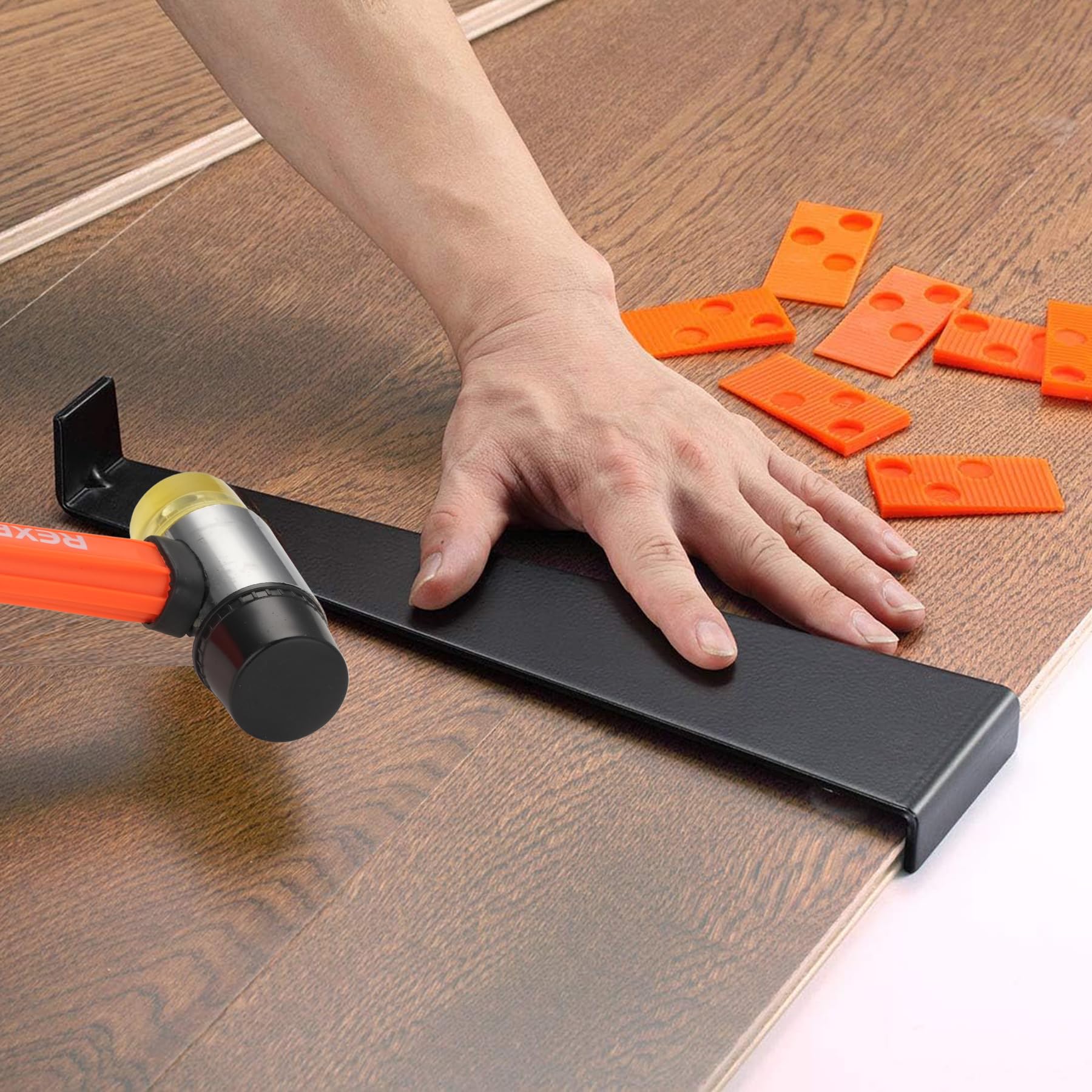 REXBETI - Kit de instalación de suelos de madera laminada con bloque de roscado sólido, barra de tracción larga y ancha, mazo reforzado de doble cara y 40 espaciadores