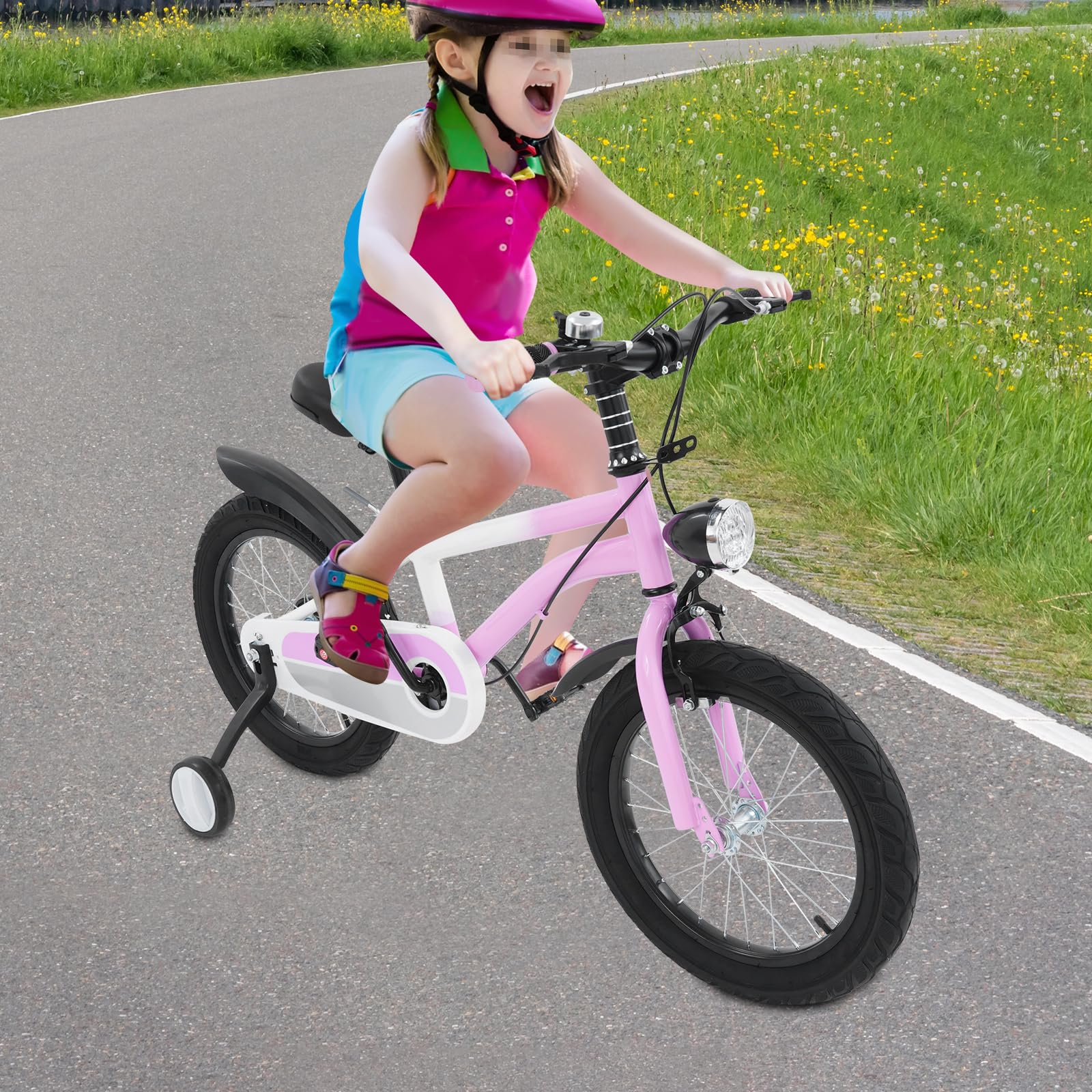 Bicicleta infantil 16 pulgadas freno disco luz LED ruedas estabilizadoras rosa ajustable sillín manillar carga 60 kg