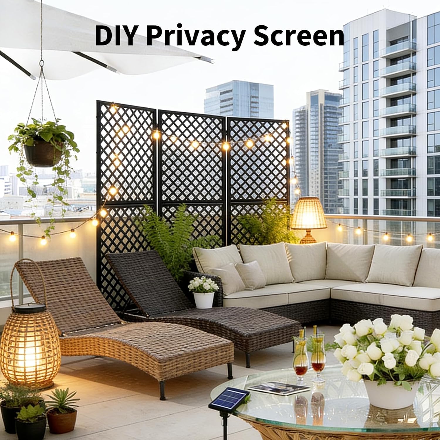 Metal Privacy Screen Outdoor, 72" h x 44" w Freestanding Decorative Privacy Screen for Patio Deck Balcony Garden with Stable Base