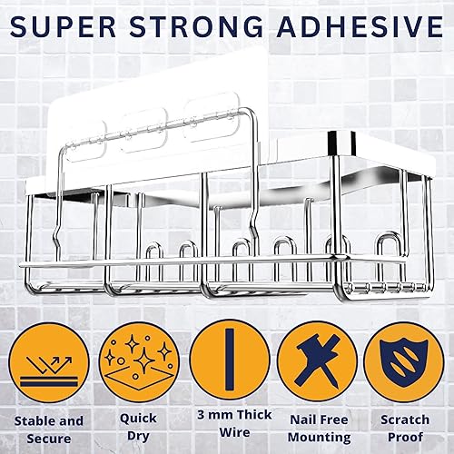Miniatura 6 de Organizador de ducha adhesivo a prueba de óxido, paquete de 5 unidades, organizador de baño sin taladro, con 20 ganchos, soporte para jabón, 4