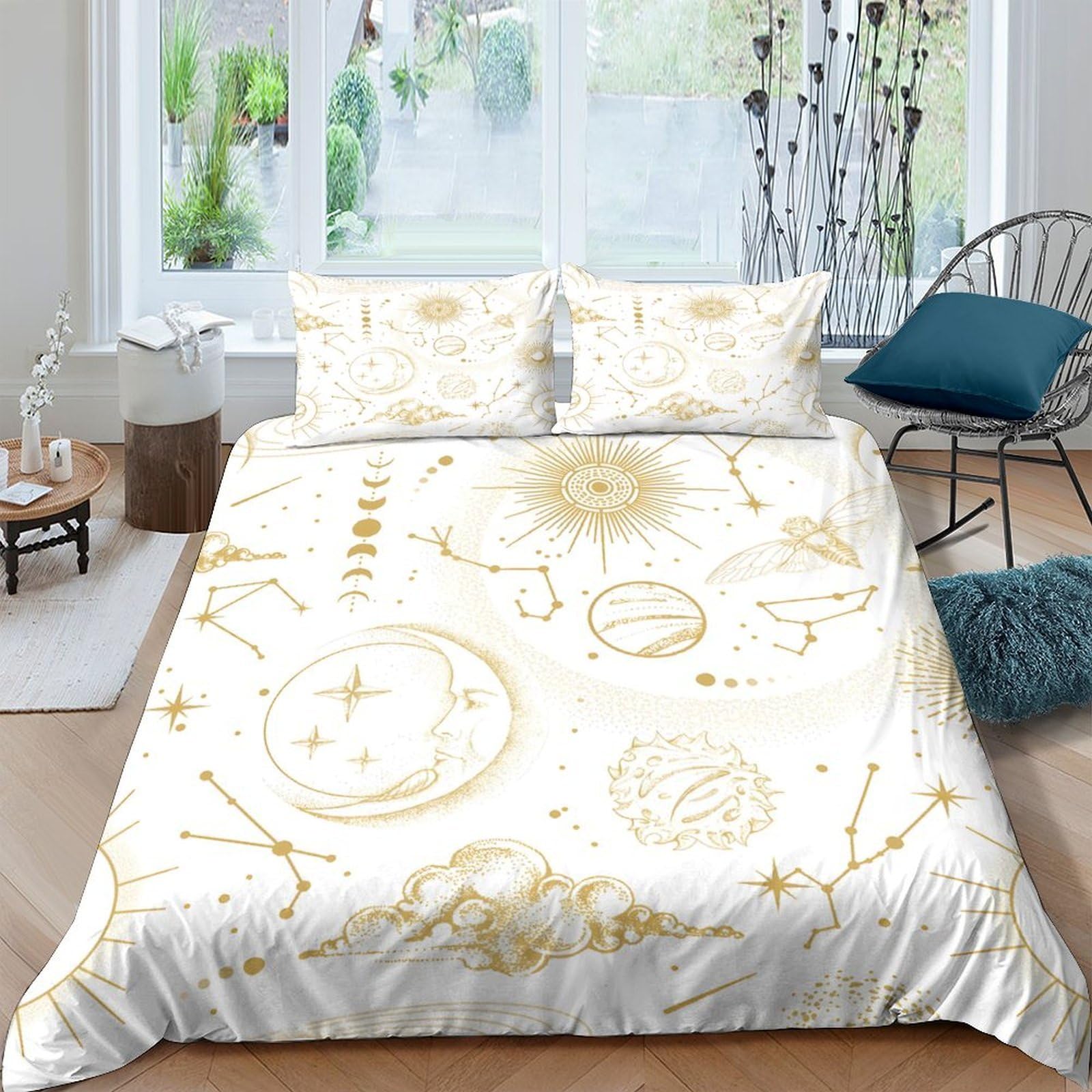 Ctjqhvkz Style-6 3D Printed Golden Astrology Fitted Sheet Microfiber Soft Constellation Bed Cover For Bedroom Decor Mattress Protection Single（135X200cm）