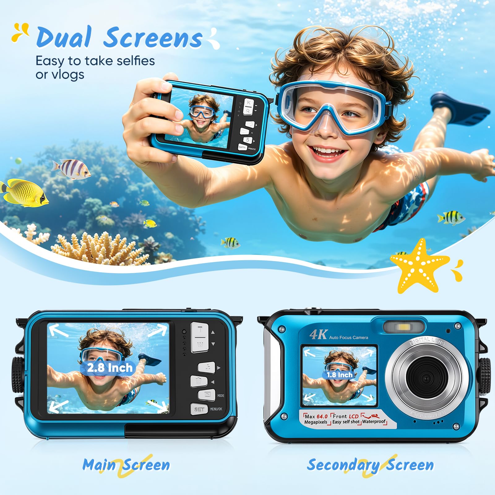 Fotocamera subacquea da 64 MP con messa a fuoco automatica e video 4K, IP68 impermeabile fino a 4,9 m, fotocamera digitale con scheda da 32 GB, doppio display, zoom 16X per snorkeling, blu