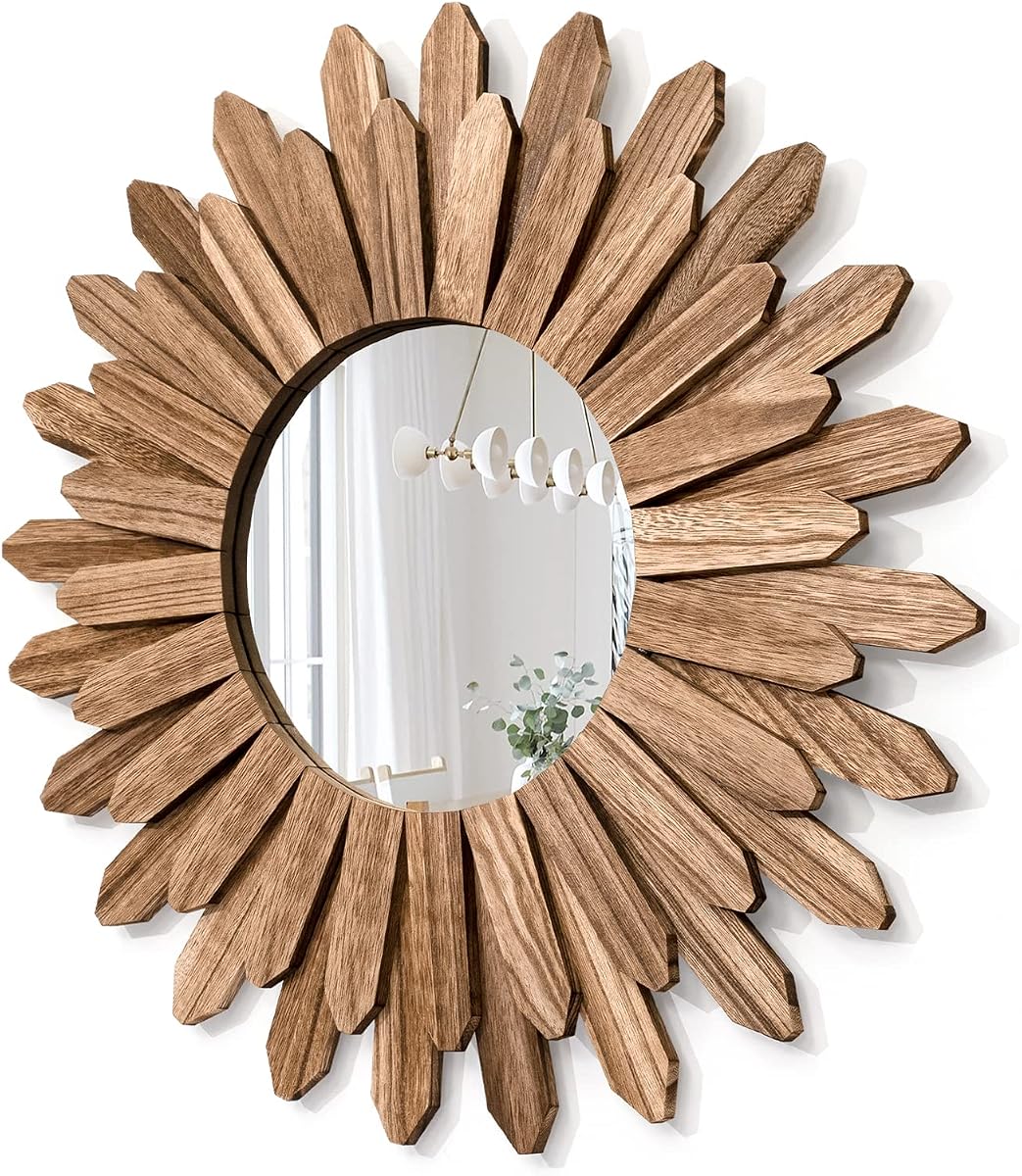 Mirror Wall Decor 21 inch Rustic Wood Boho Aesthetic Mirror for Room & Home Decor Farmhouse Wall Decor at Living Room Bedroom Carbonized Black