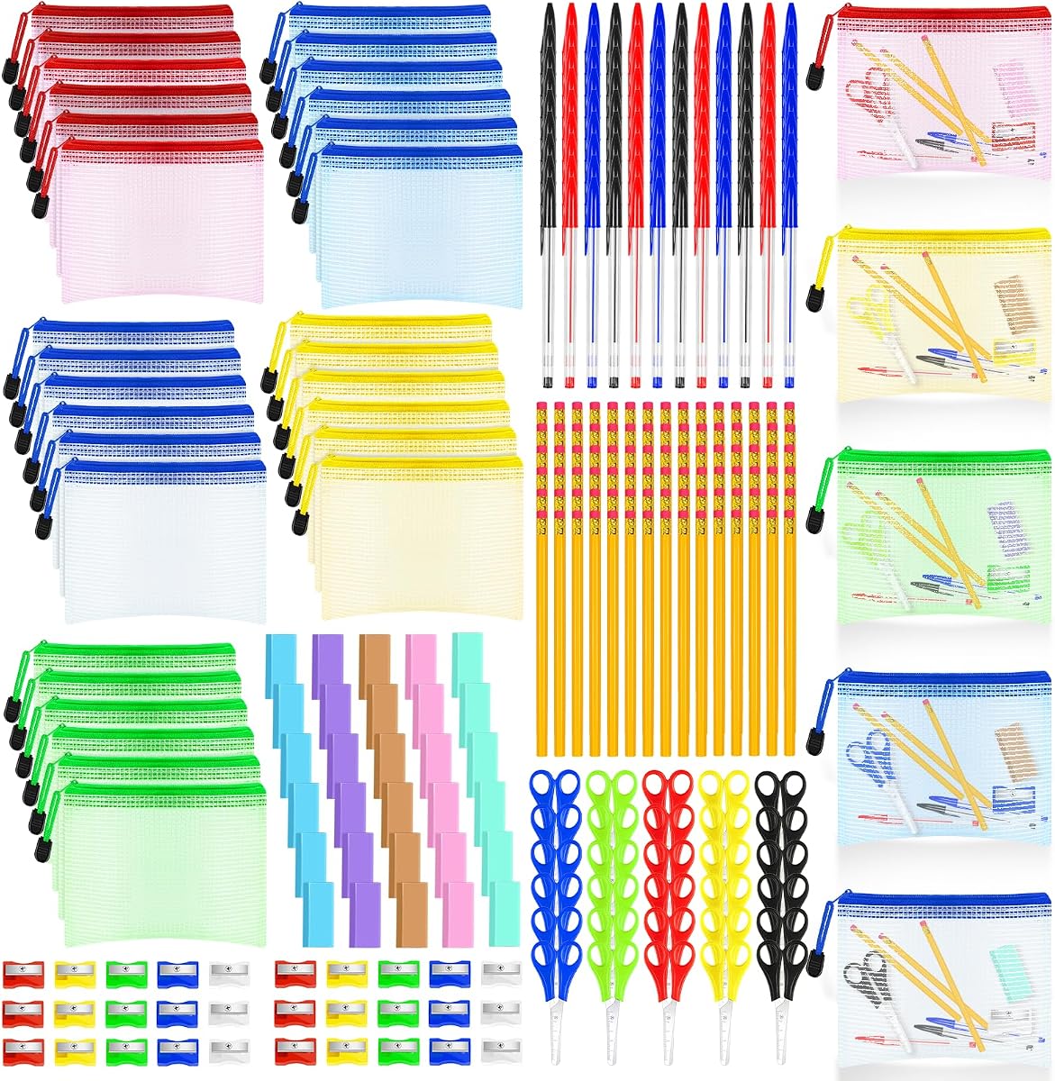 300 Pcs/30 Set Back to School Supplies Kit Mesh Zipper Pouch Bags with Pencils Erasers Sharpeners Pens Scissors for Classroom Exchange Gift School Supplies