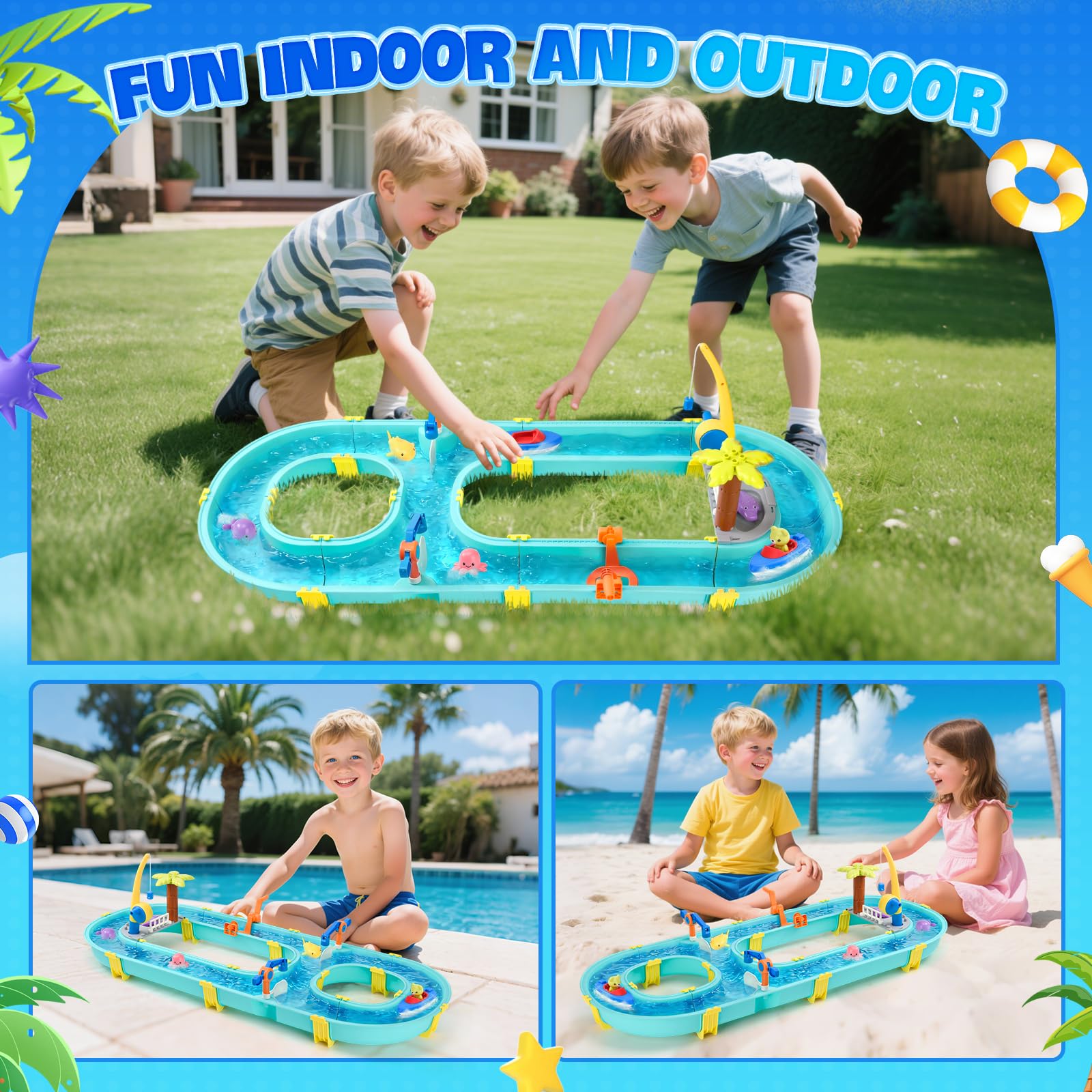 Juego de Agua con Circuito Acuático, 58 Piezas Mesa de Agua para Niños con Barcos - con Caña de Pescar Magnética y Figuras de Animales para Diversión en el Agua a Partir de 3 Años