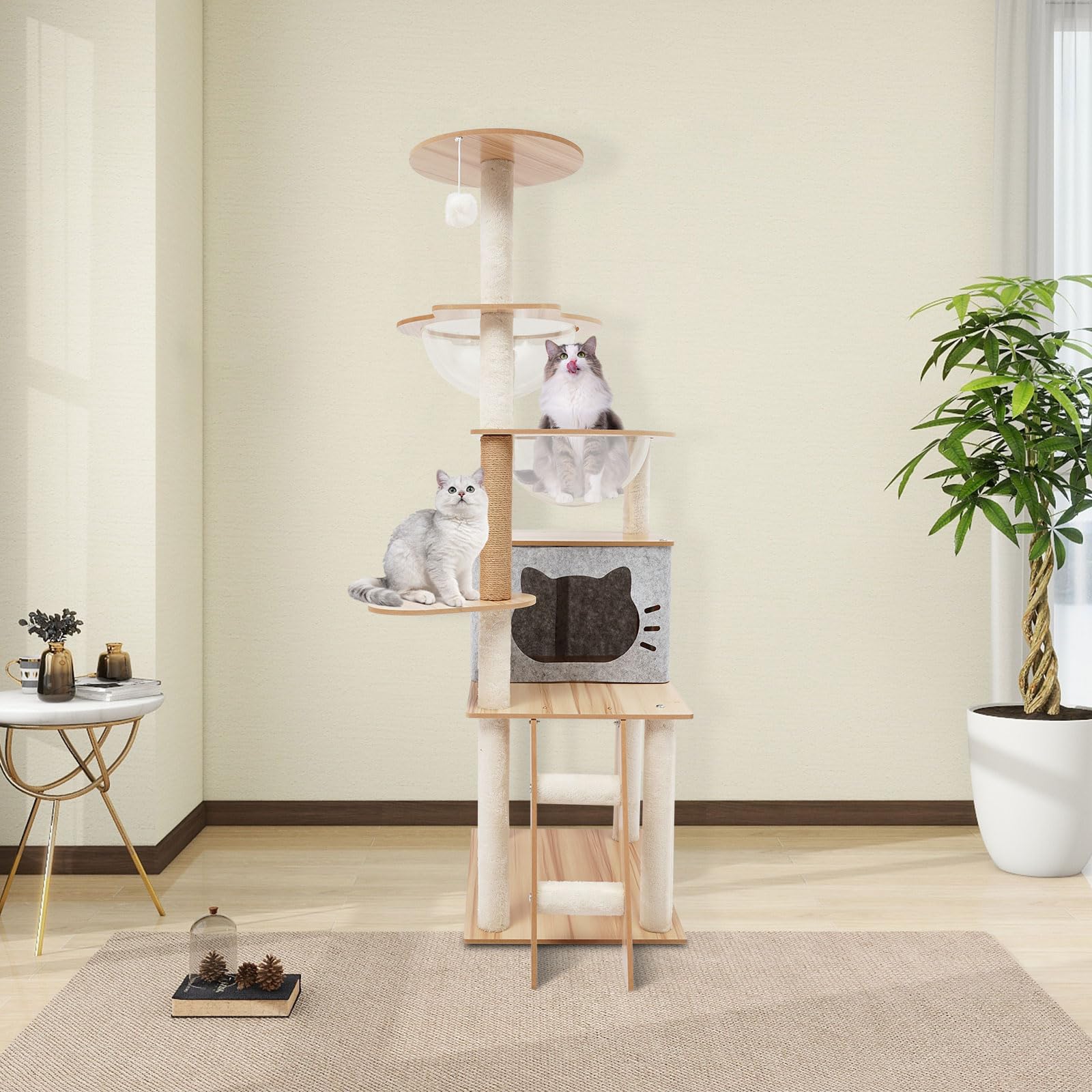Rascador de madera, moderno árbol rascador para gatos con cueva para gatos, 50 × 40 × 135 cm, rascador para gatos grandes, estable, para 3-4 gatos pequeños y grandes, hasta 10 kg, gris