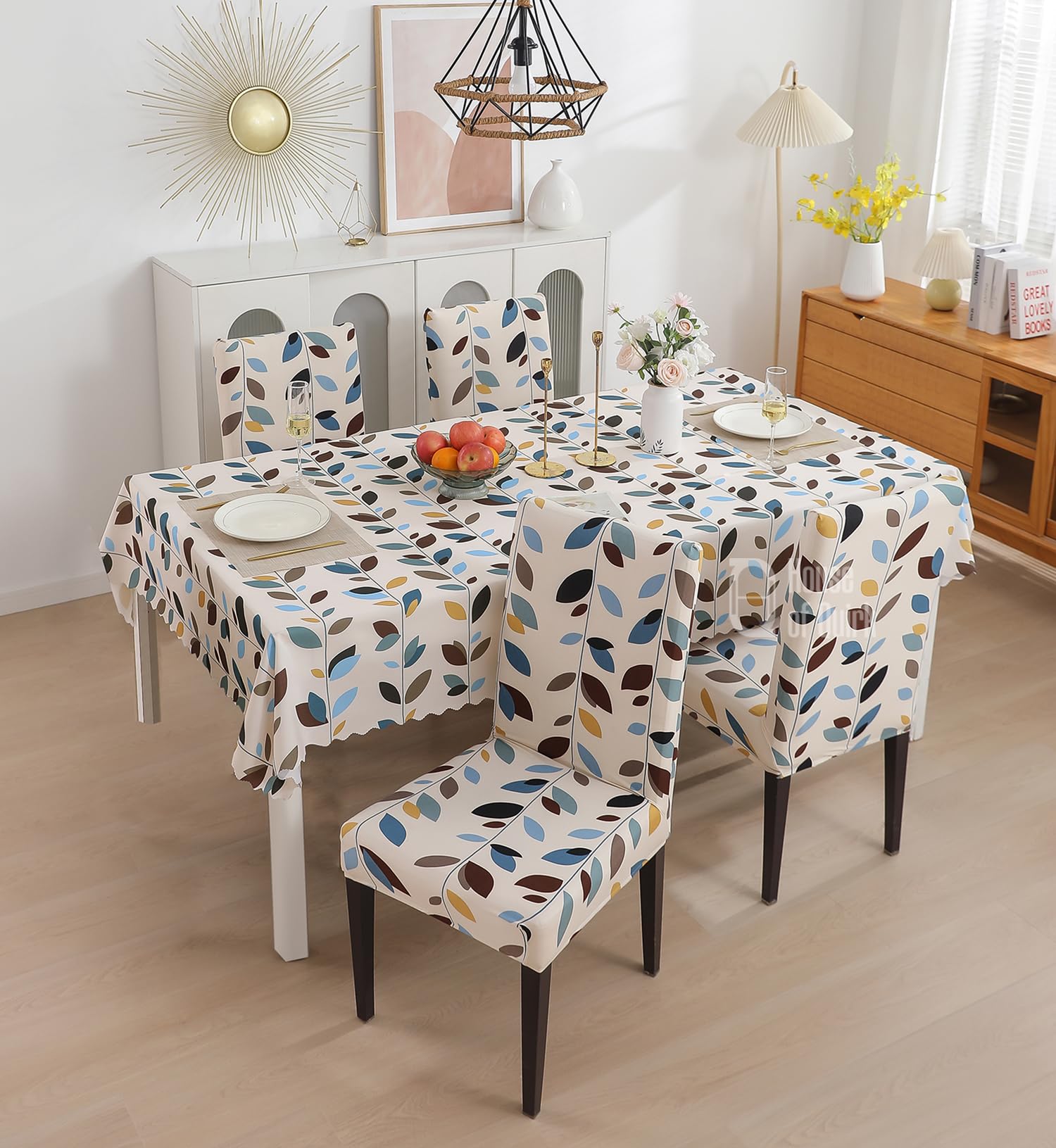 House of Quirk Polyvinyl Chloride (PVC) Dining Chair Cover with Rectangular Table Covers for Kitchen Waterproof Dining Cloth (White Leaf, 1 Table Cover + 4 Chair Cover)