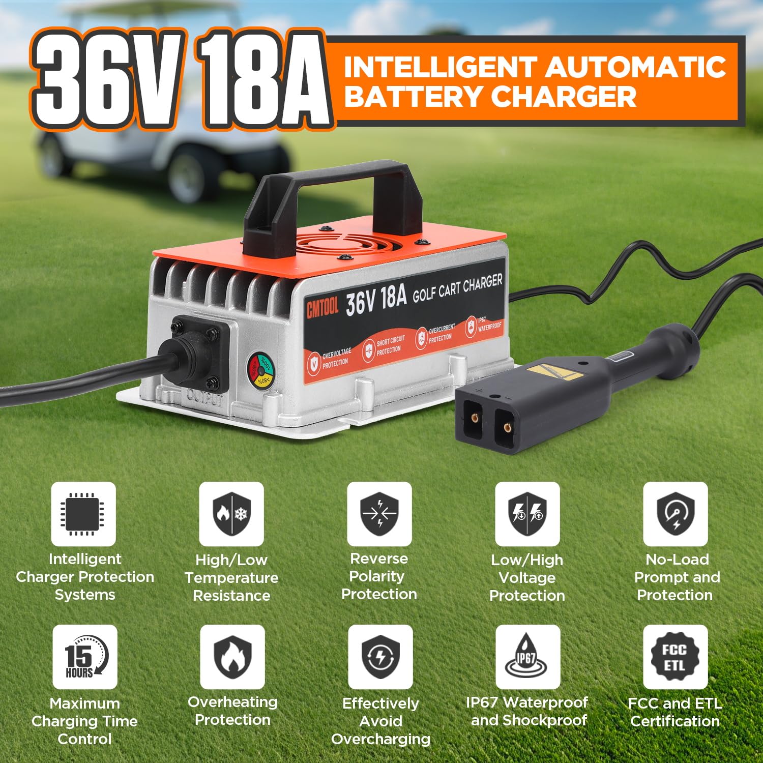 CMTOOL Chargeur de batterie de chariot de golf 36 V 18 A pour voiturettes de golf EZGO TXT avec prise de type D, chargeur de batterie automatique intelligent 36 V 18 A au plomb étanche IP67