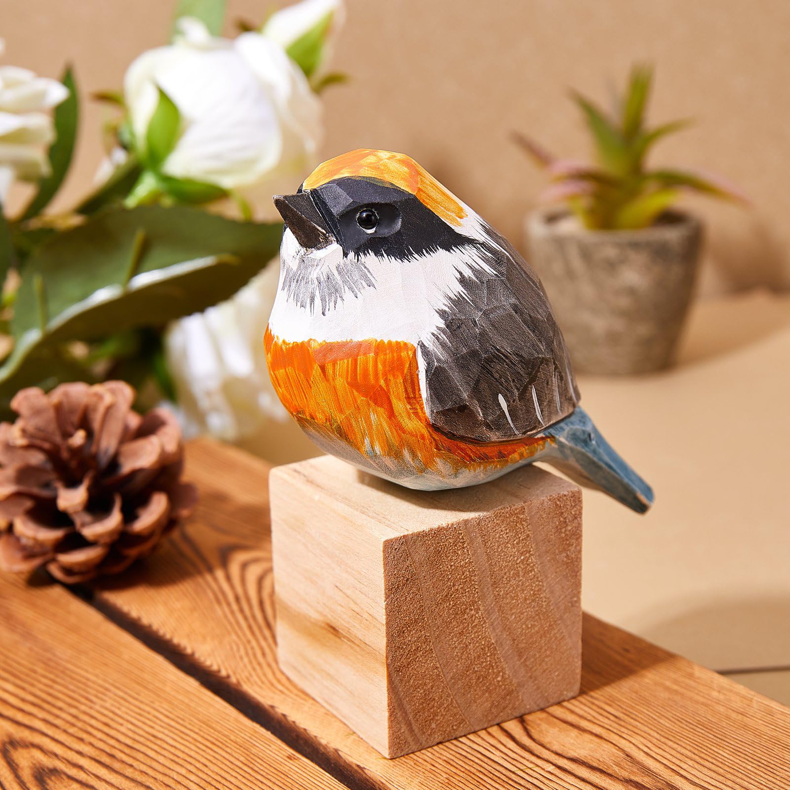 WEWAYSMILE Hand Carved Wooden Bird Figurine, Small Cute Animal Ornament for Home Office Desktop Decoration (Red Tit) - Image 4