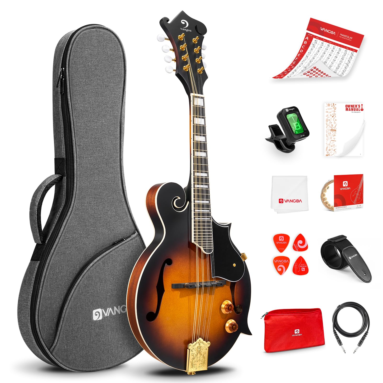 Vangoa Mandolin Instrument F Style Acoustic Electric Mandolin Musical Instrument Spruce Top 8 String for Beginners, Adults, Sunburst