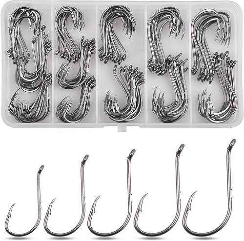 Juego de anzuelos de pesca para pulpo, 130 ganchos circulares de pulpo compensados, gancho en J de bagre, ganchos de acero de alto carbono, anzuelos