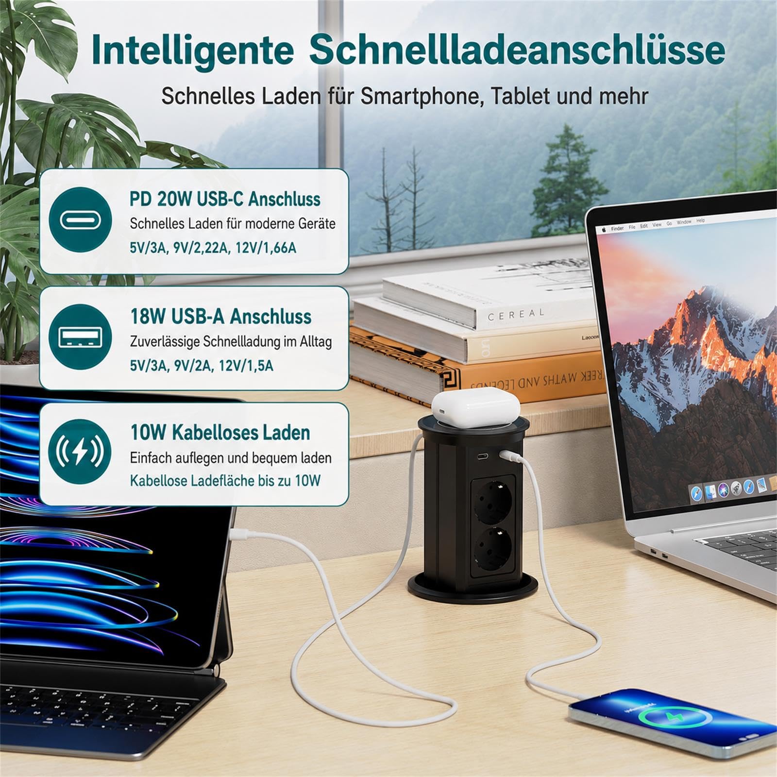 Automatisch Versenkbare Steckdose, Dinolink Tischsteckdose mit 4 Steckdosen, 4 USB Ports, 10W Wireless Charging | Einbausteckdose Versenkbar für Küche, Büro | 1,8m Kabel | Ø100mm