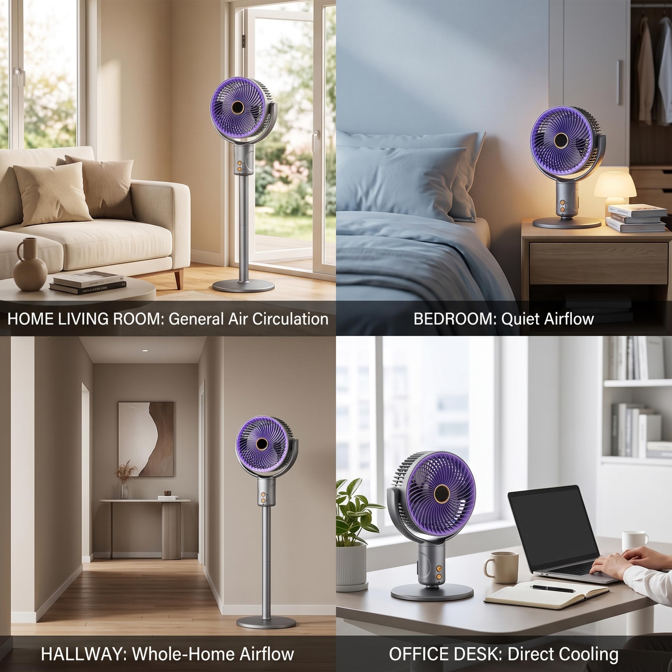 Ventilatore Pieghevole, Ventilatore da Terra Portatile, ventole oscillanti silenziose Senza Fili con Altezza Regolabile, utilizzo su scrivania e Pavimento, Grigio