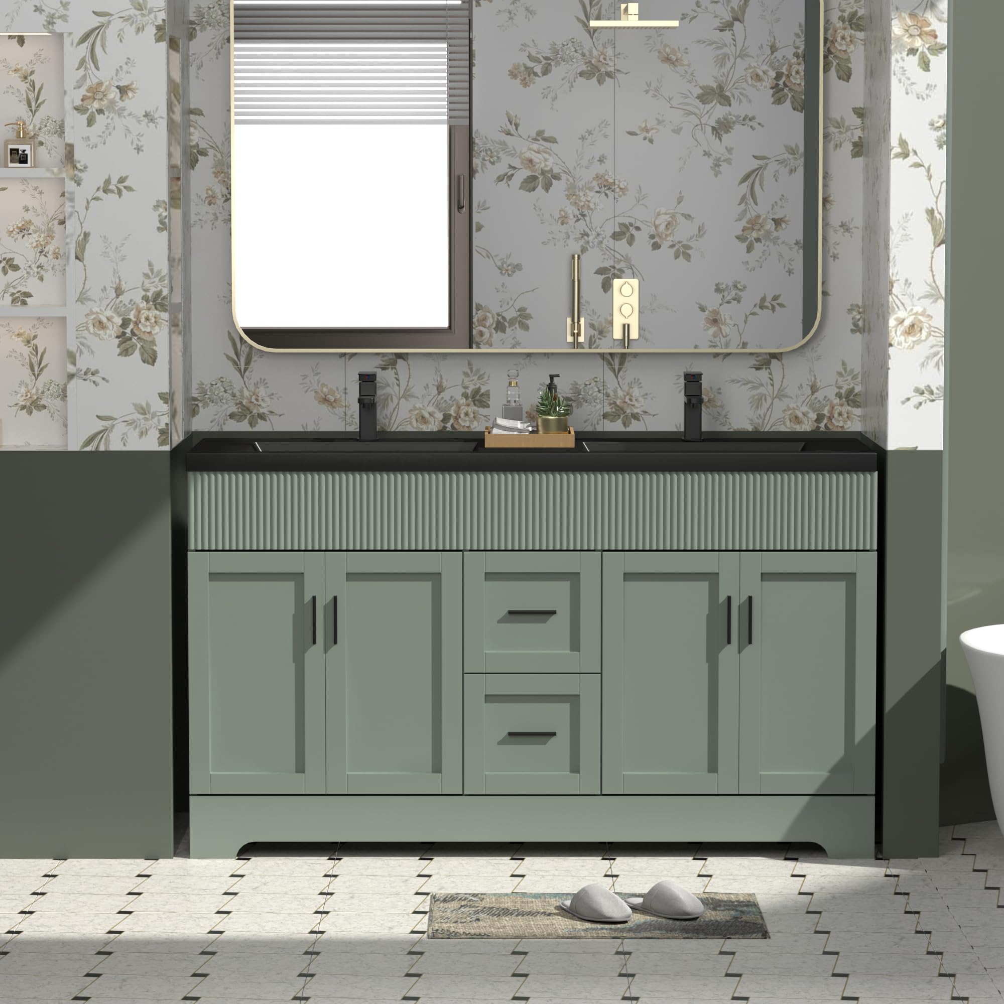 eclife 60" Bathroom Vanities Sink Combo with Painted Surface, Modern Drawered Cabinet W/Decorative Wave Lines, Undermount Double Black Sink, Matte Black Faucet Drain, Gray Green